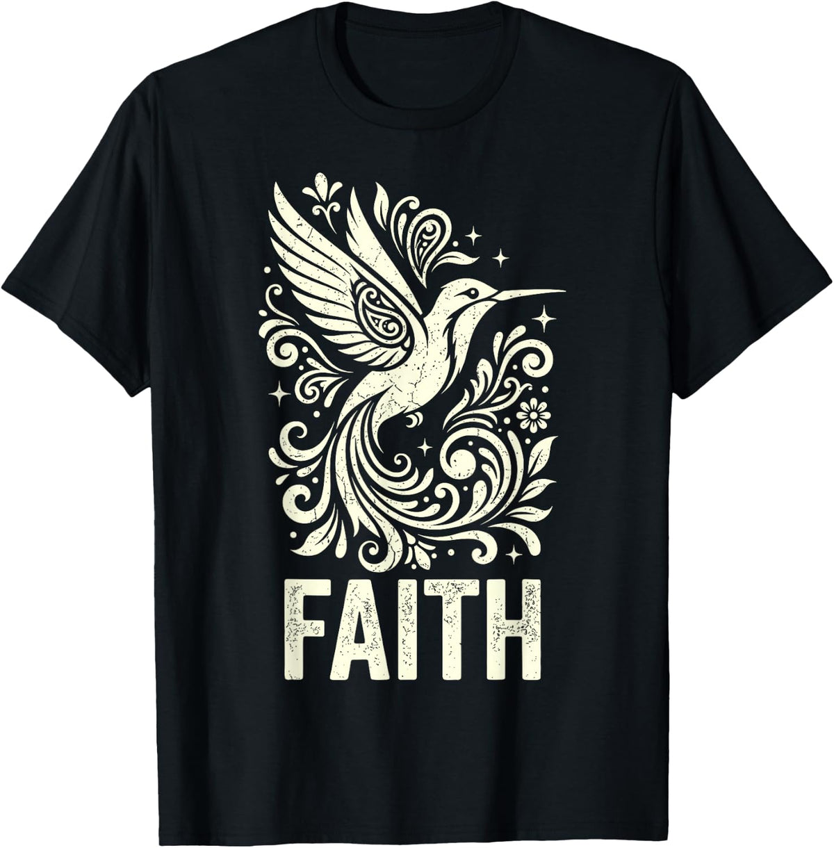 Faith Hummingbird Floral Christian Religious Nature Bird T-Shirt - Black