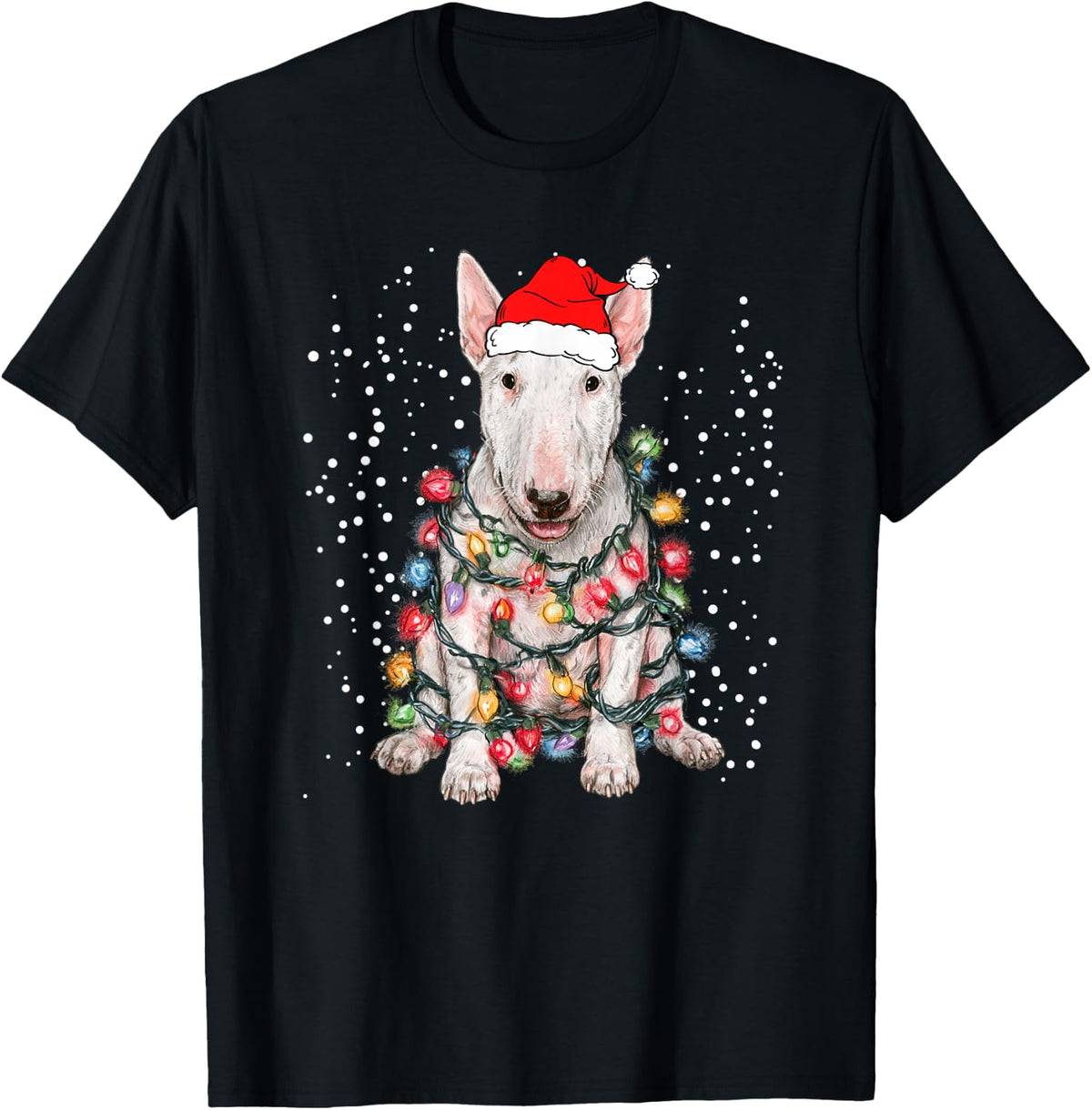 Xmas Lighting Decor Santa Hat Bull Terrier Dog Christmas T-Shirt - Black