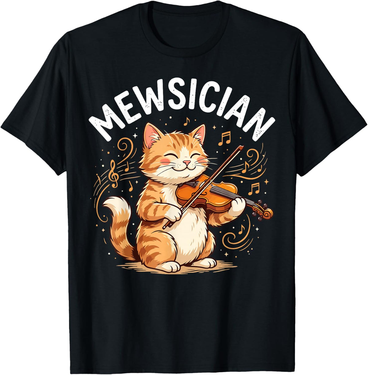 Mewsician Funny Orange Cat Playing Violin Music Pun T-Shirt - Black