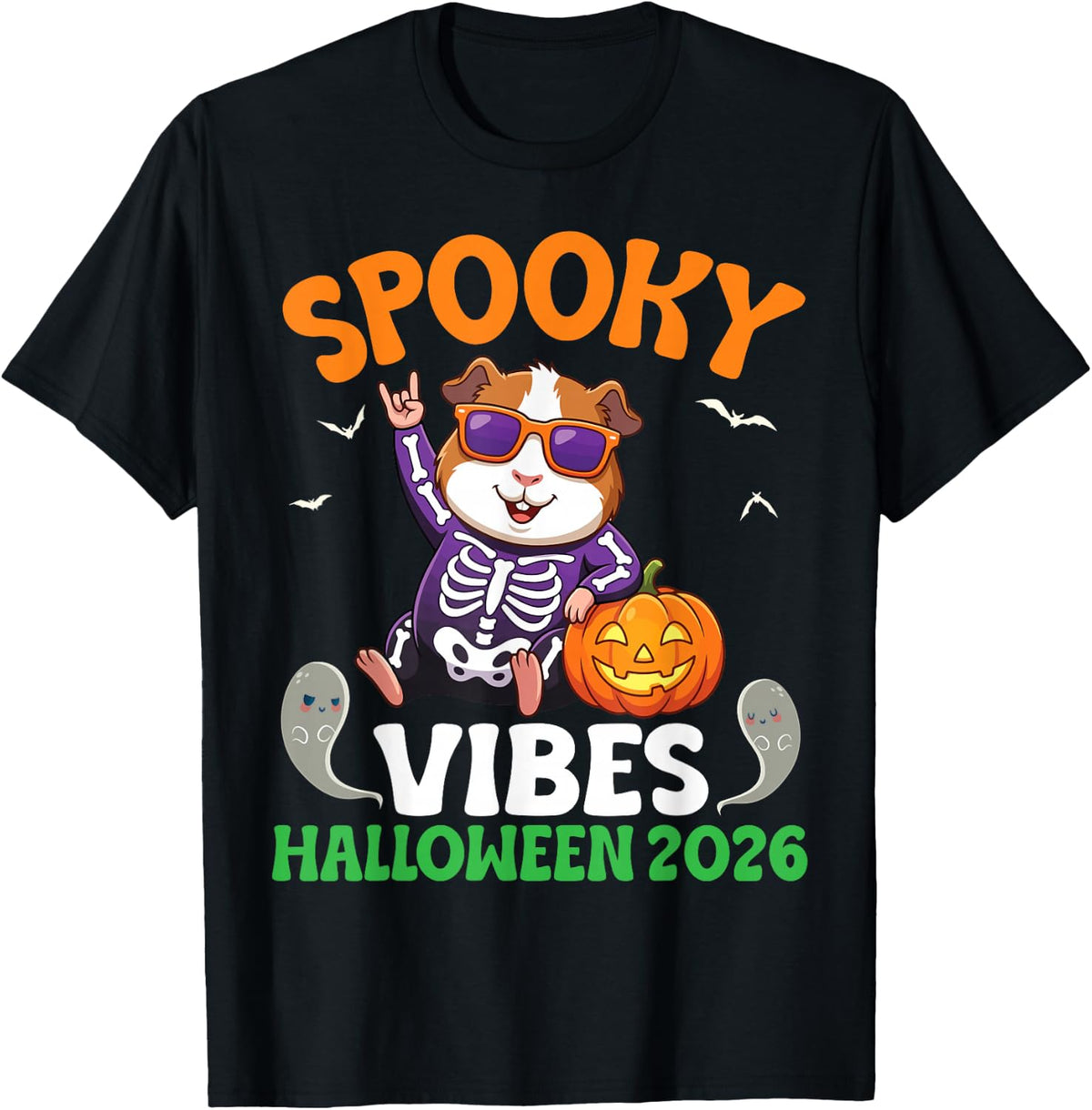 Spooky Vibes Halloween 2026 Guinea Pig Skeleton Pumpkins T-Shirt - Black