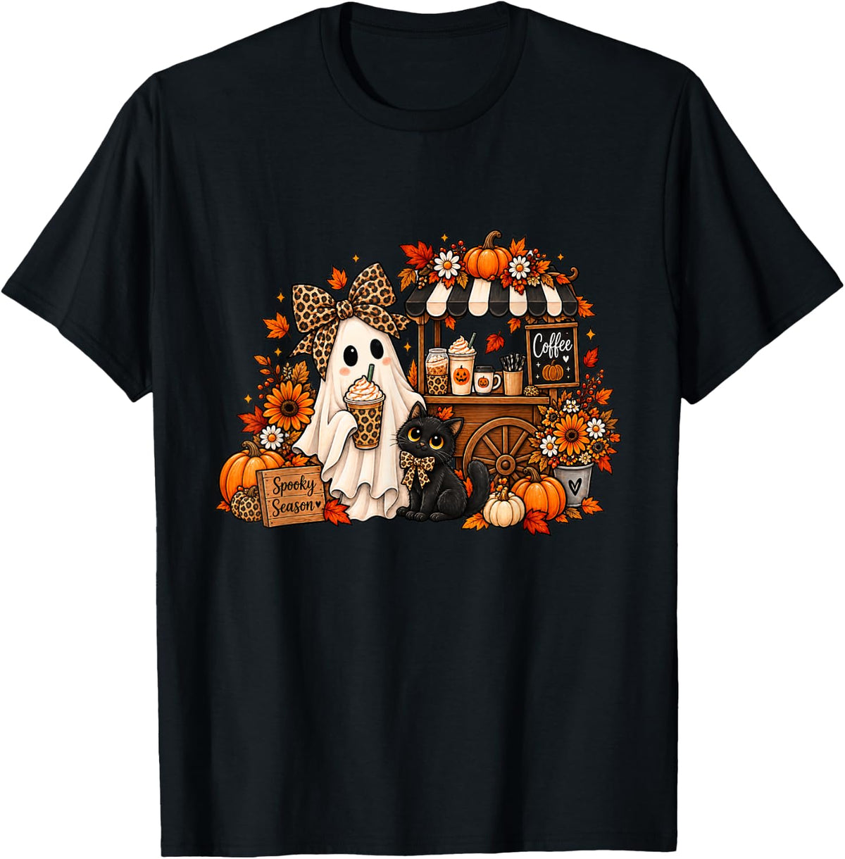 Spooky Season Ghost Coffee Black Cat Lover Pumpkin Fall Vibe T-Shirt - Black