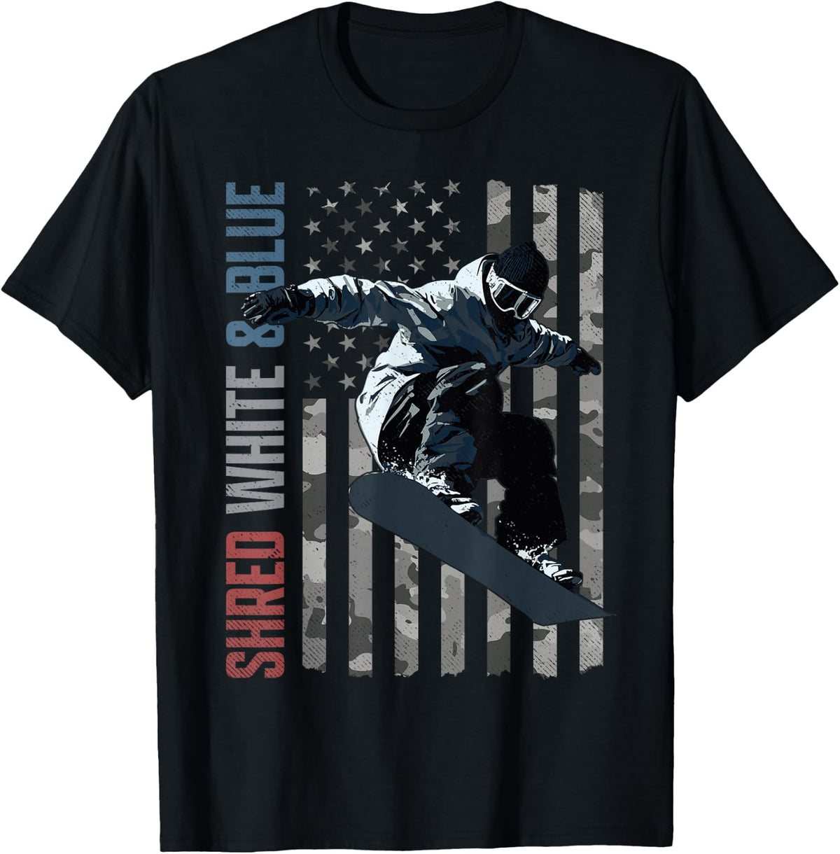 Snowboarding Shred American Flag T-Shirt - Black
