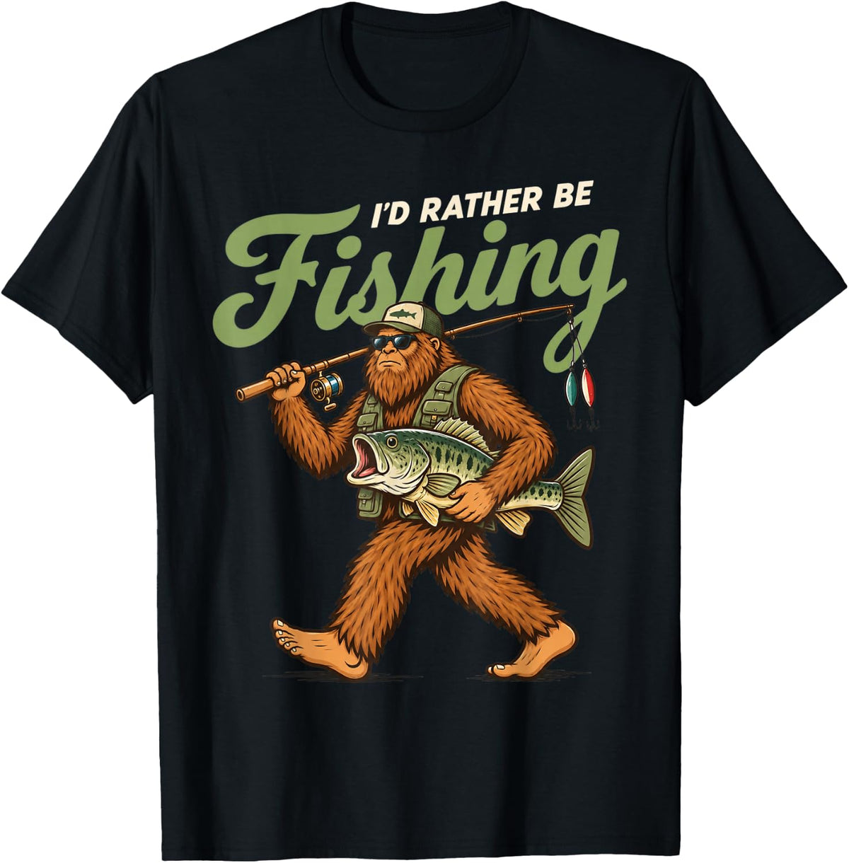 I'd Rather Be Fishing Bigfoot Fisherman Funny Angler Fish T-Shirt - Black