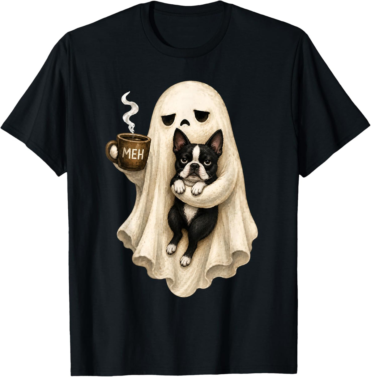 Grumpy Ghost Boston Terrier Holding Coffee Spooky Halloween T-Shirt - Black