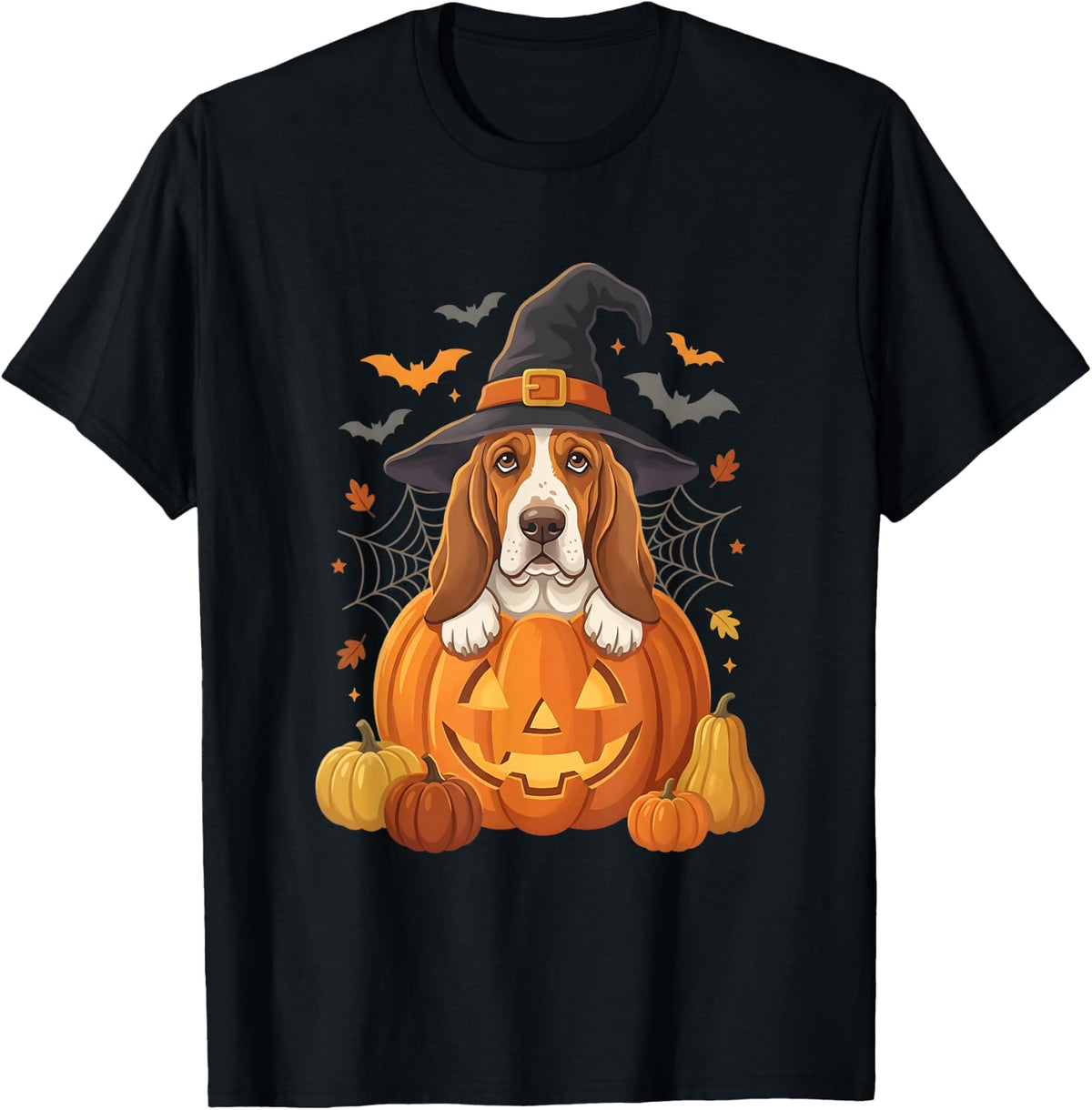 Basset Hound Halloween Witch Pumpkin Dog T-Shirt - Black