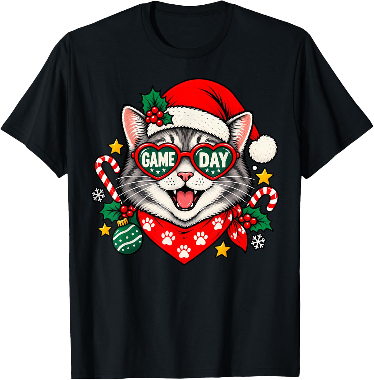 Funny Christmas Cat Game Day Santa Hat Sports Fan T-Shirt - Black