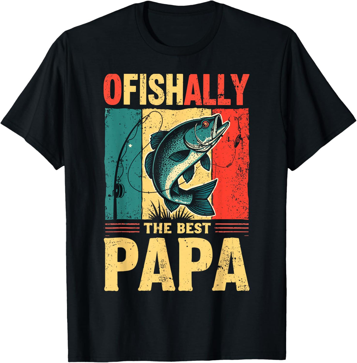 Ofishally The Best Papa Grandpa Fisherman Fishing Dad Retro T-Shirt - Black