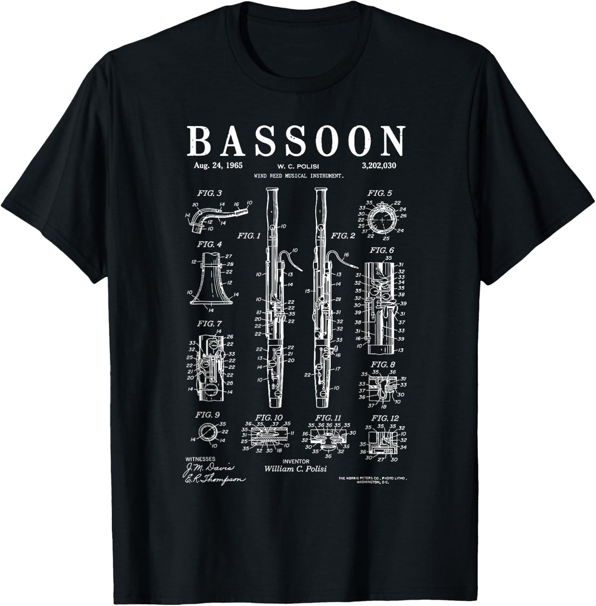 Vintage Bassoon Player Patent Blueprint Bassoonist Musician T-Shirt - Black