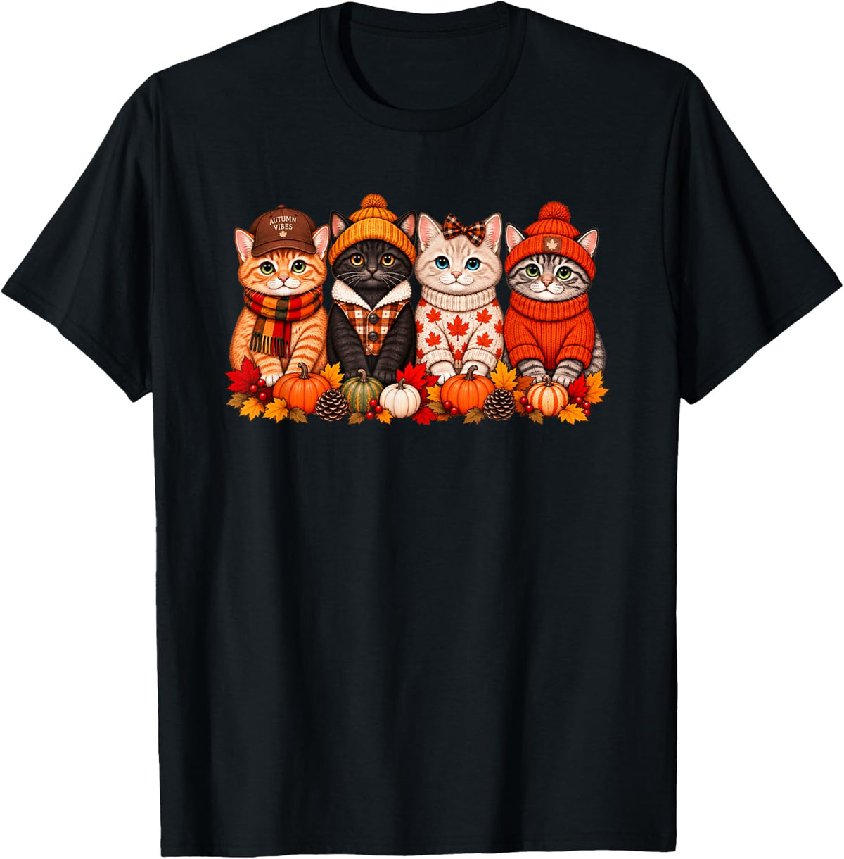 Cute Cat Fall Vibes Autumn Pumpkin Thanksgiving Cat Lover T-Shirt - Black