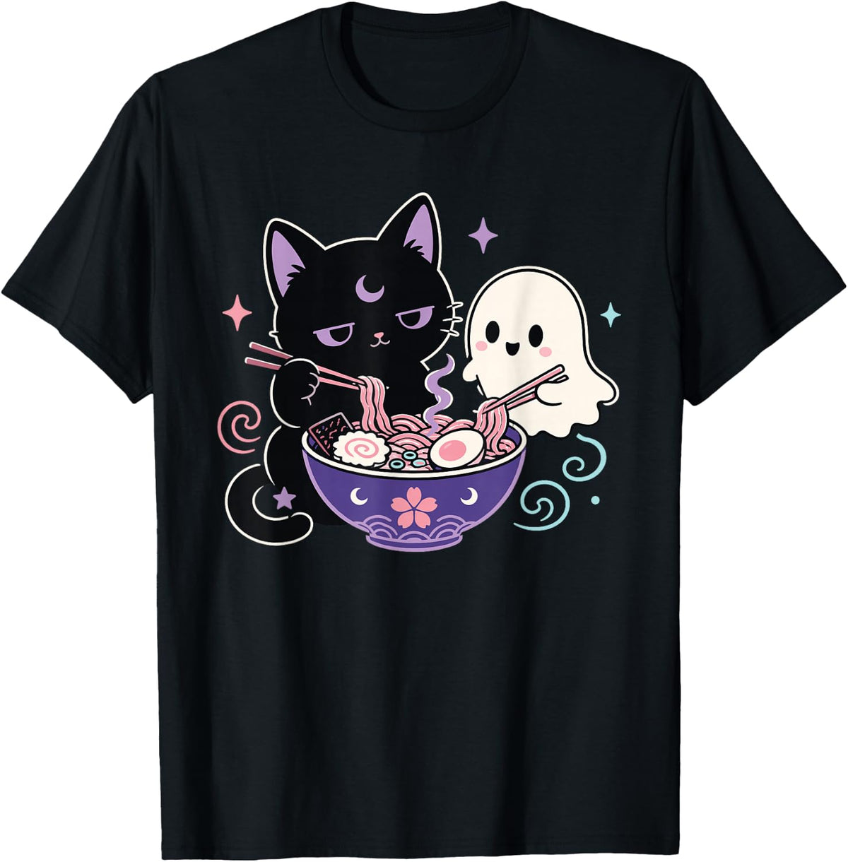 Creepy Kawaii Black Cat Ghost Eating Ramen Pastel Goth T-Shirt - Black