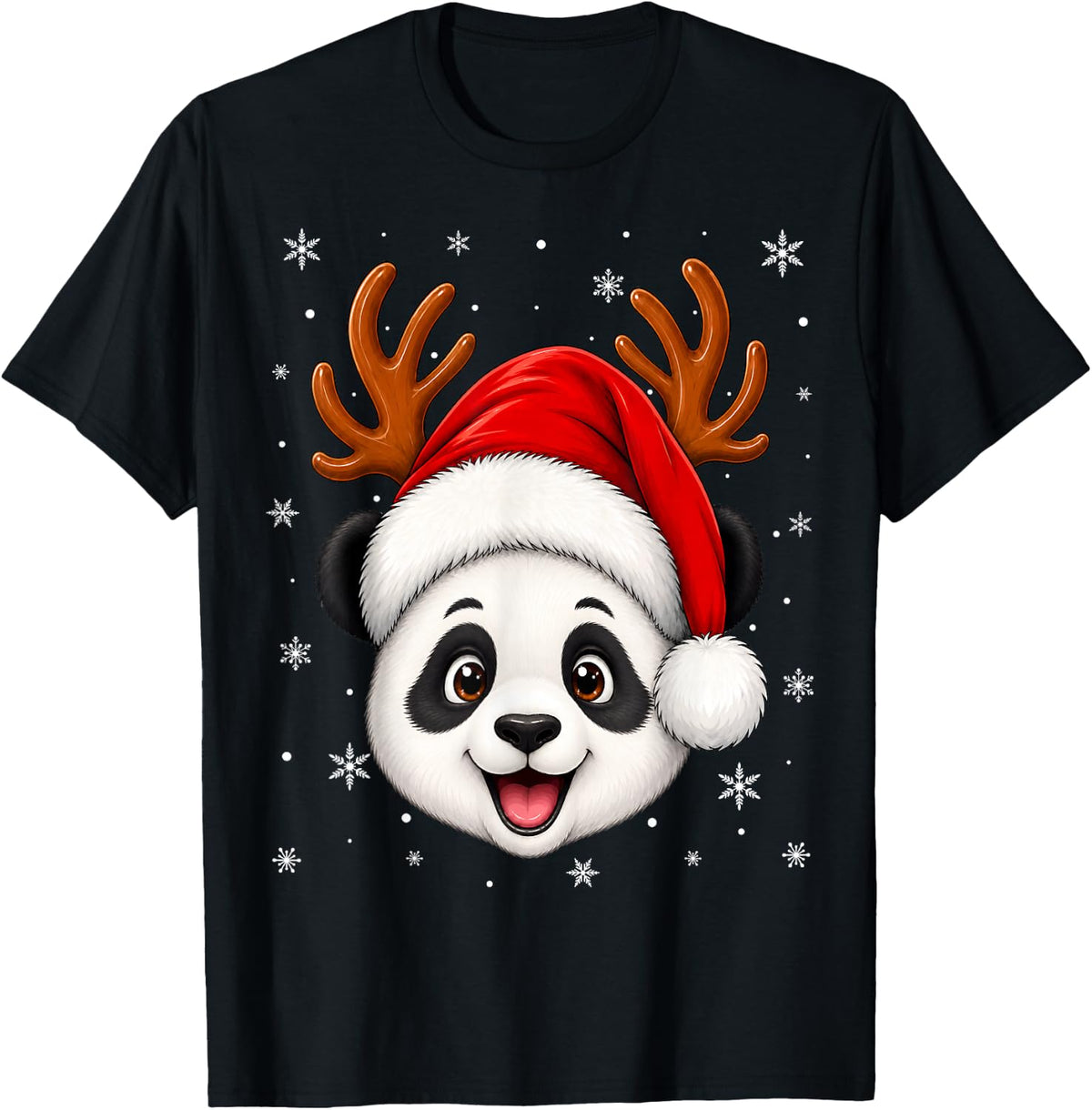 Cute Animal Panda Reindeer Horn Santa Panda Christmas T-Shirt - Black