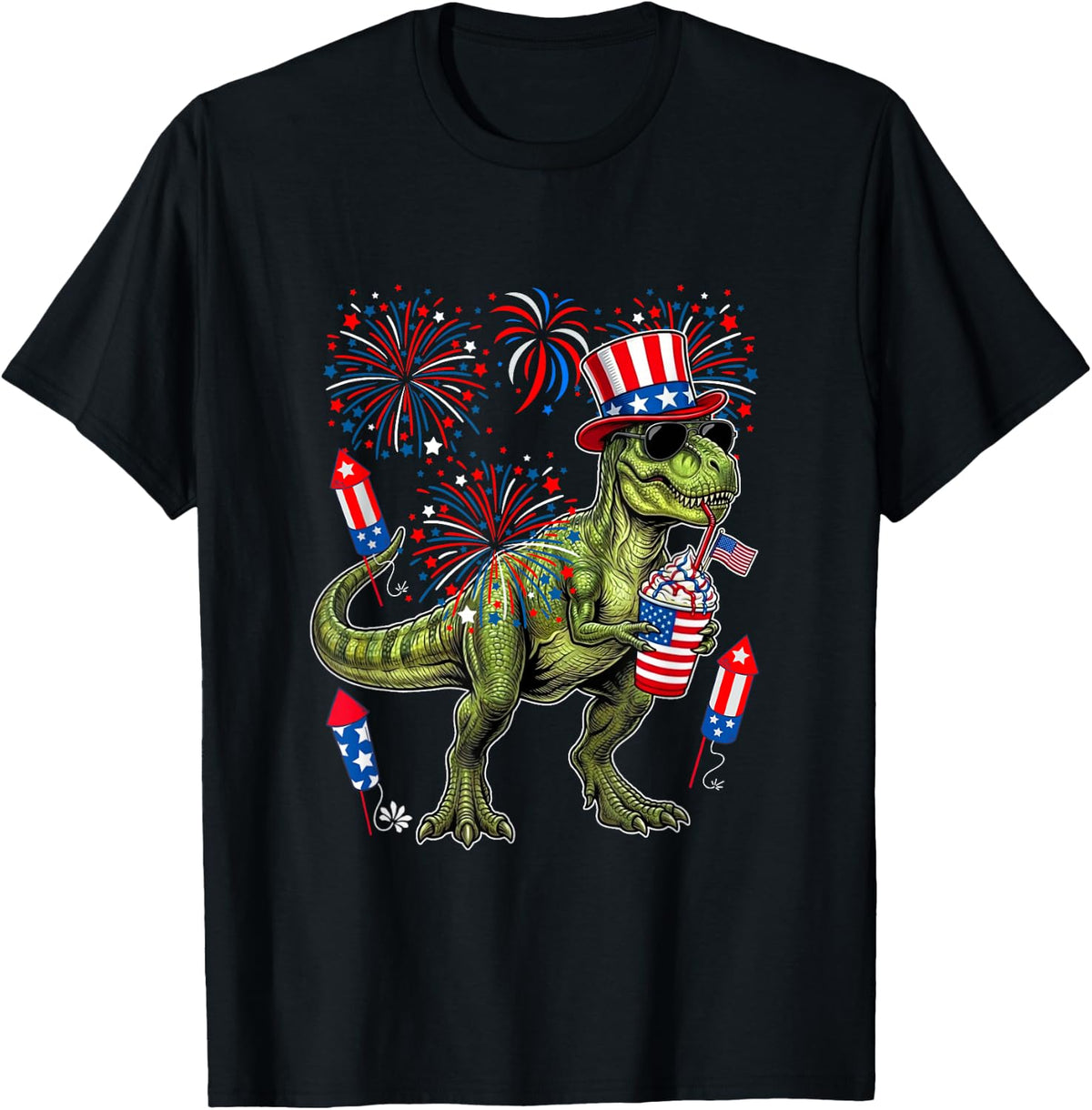 T-Rex Sunglasses Coffeee 4th of July US Flag Fireworks T-Shirt - Black