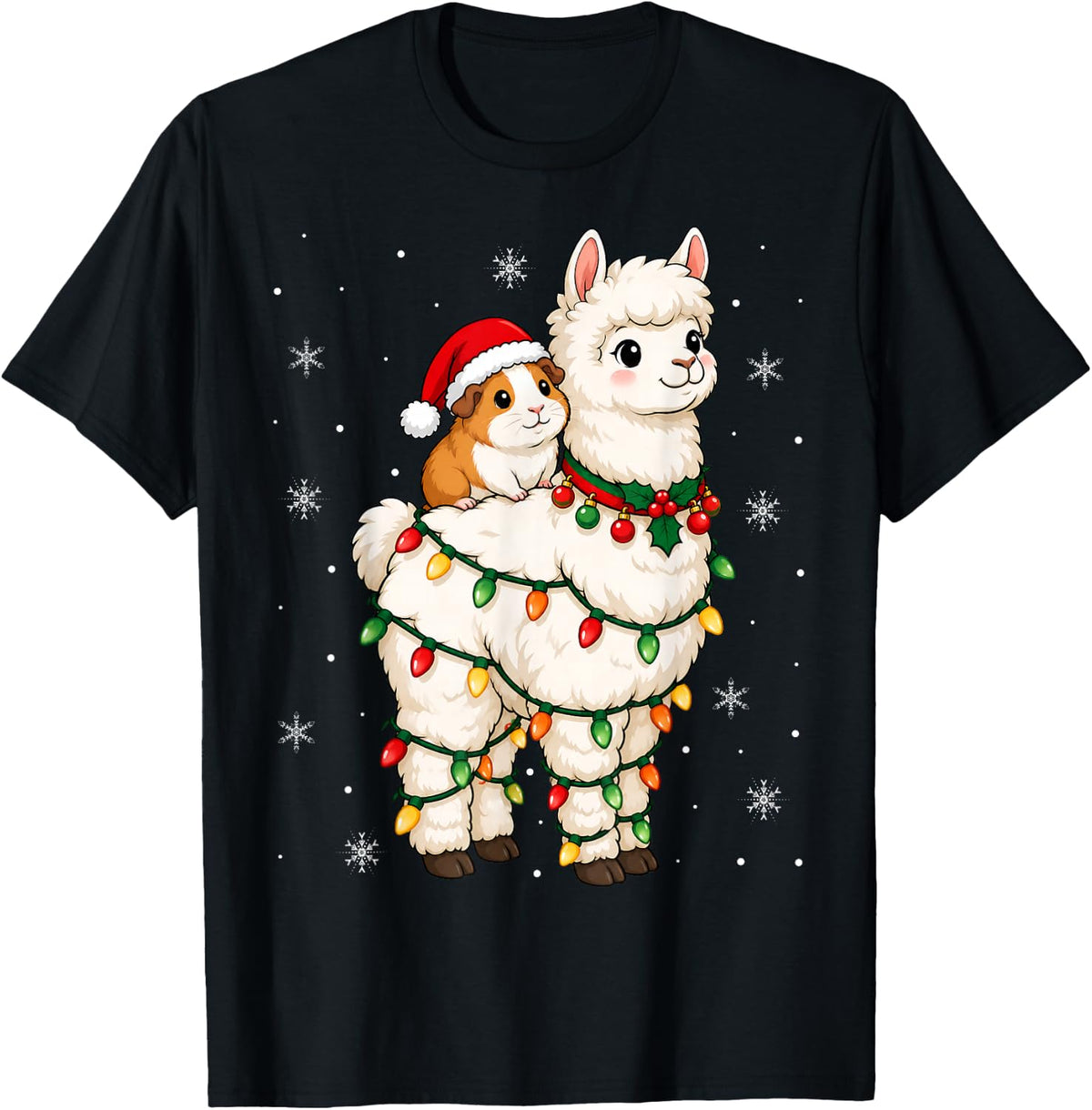 Festive Santa Guinea Pig Alpaca Christmas Lights Holiday T-Shirt - Black