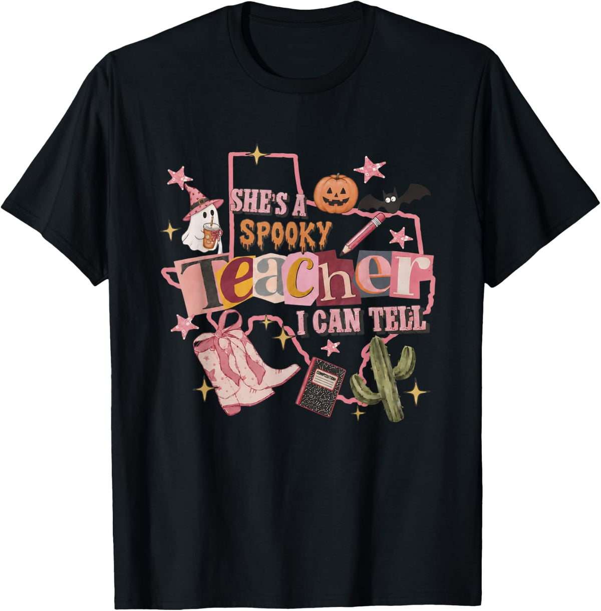 She's A Spooky Teacher I Can Tell Spooky Halloween Cowgirl T-Shirt - Black