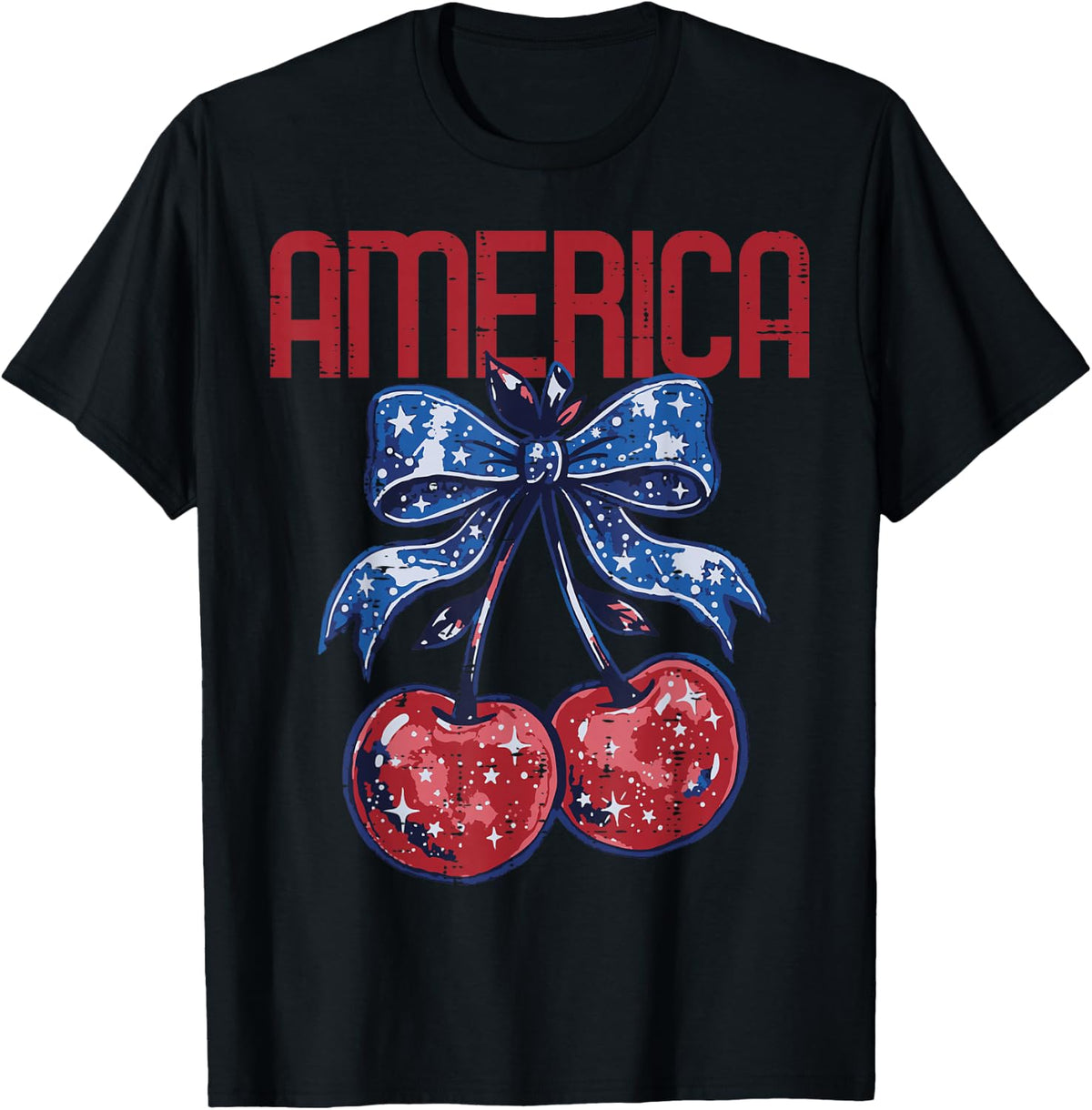 4th of July America Cherry Bow Patriotic Women Girls Kids T-Shirt - Black