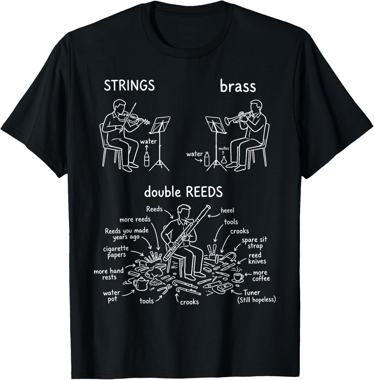 Strings Brass Double Reeds Bassoonist Orchestra Musician T-Shirt - Black