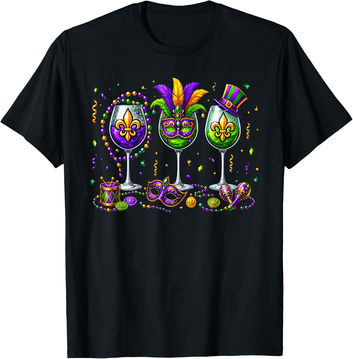 Mardi Gras Wine Glass Parade Beads Festival Women Party T-Shirt - Black