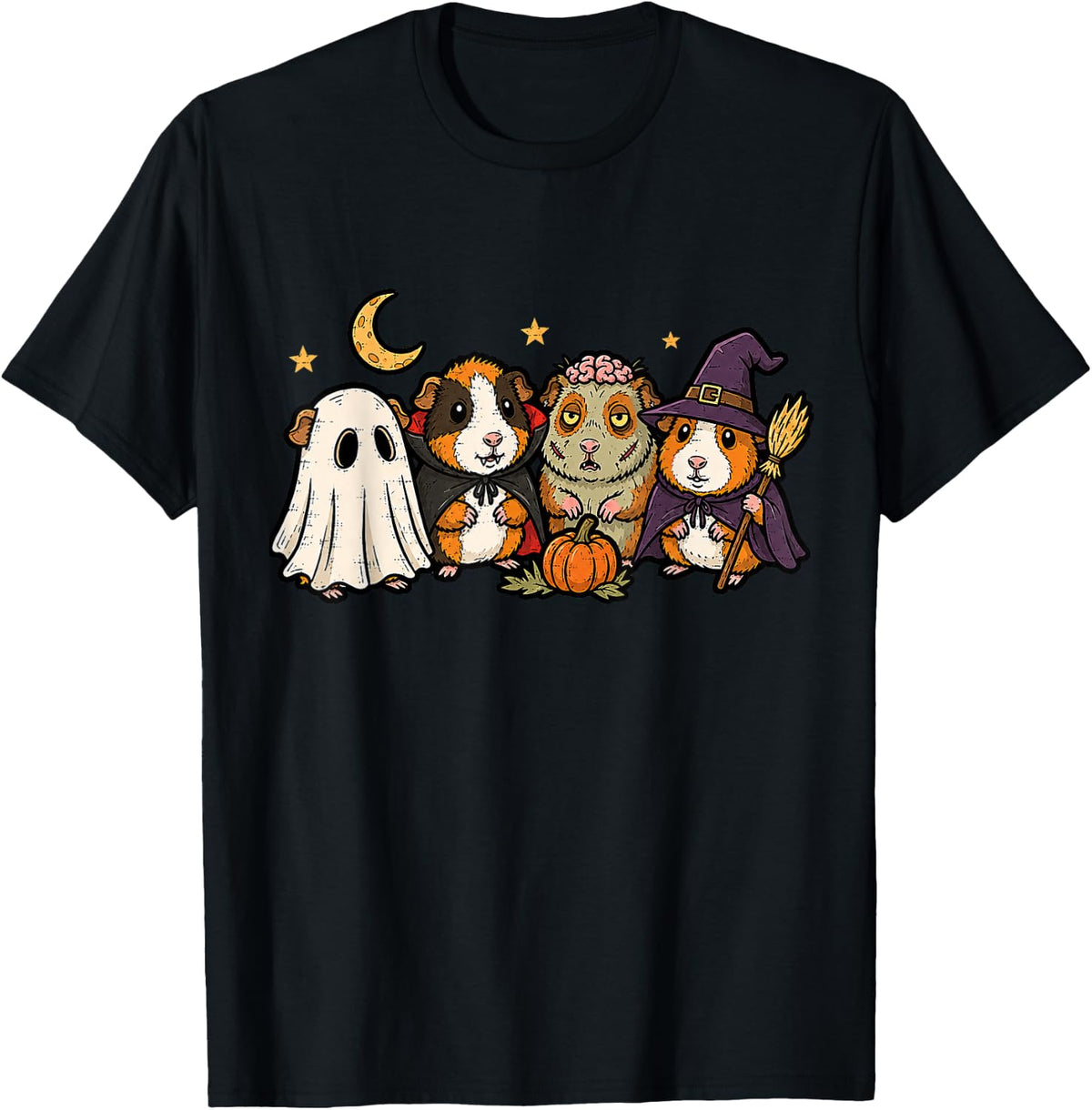 Halloween Guinea Pigs Funny Ghost Witch Vampire Zombie T-Shirt - Black