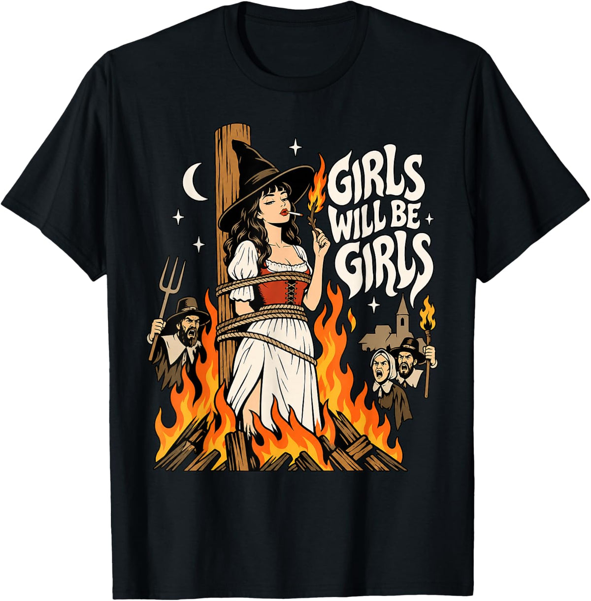 Girls Will Be Girls Witch Feminist Halloween Spooky Season T-Shirt - Black