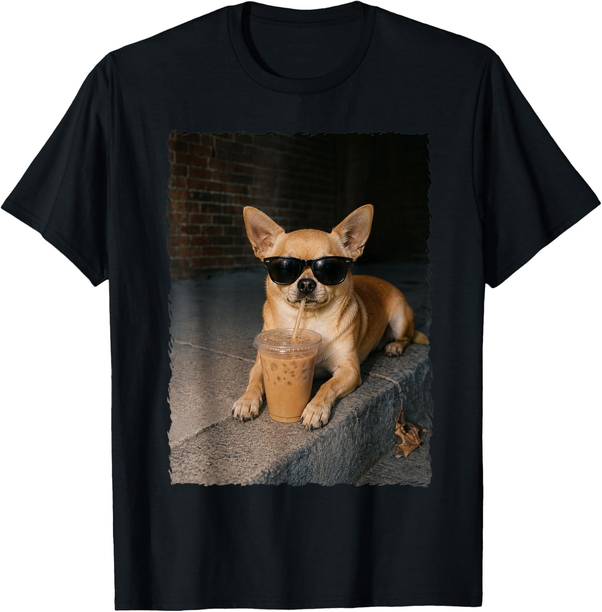 Chihuahua Drinking Iced Coffee Funny Animal T-Shirt - Black