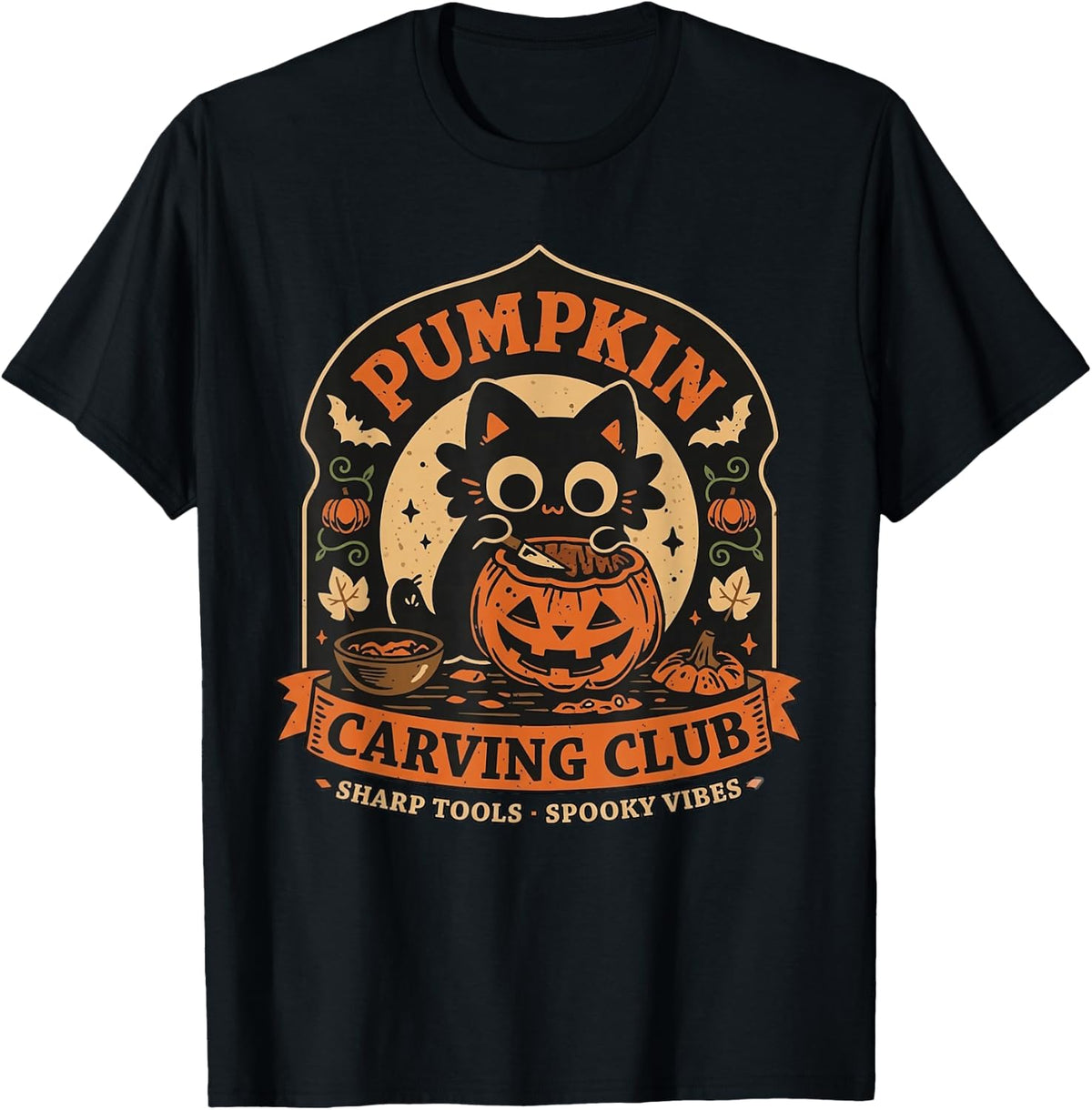 Pumpkin Carving Club Sharp Tools Spooky Vibes T-Shirt - Black