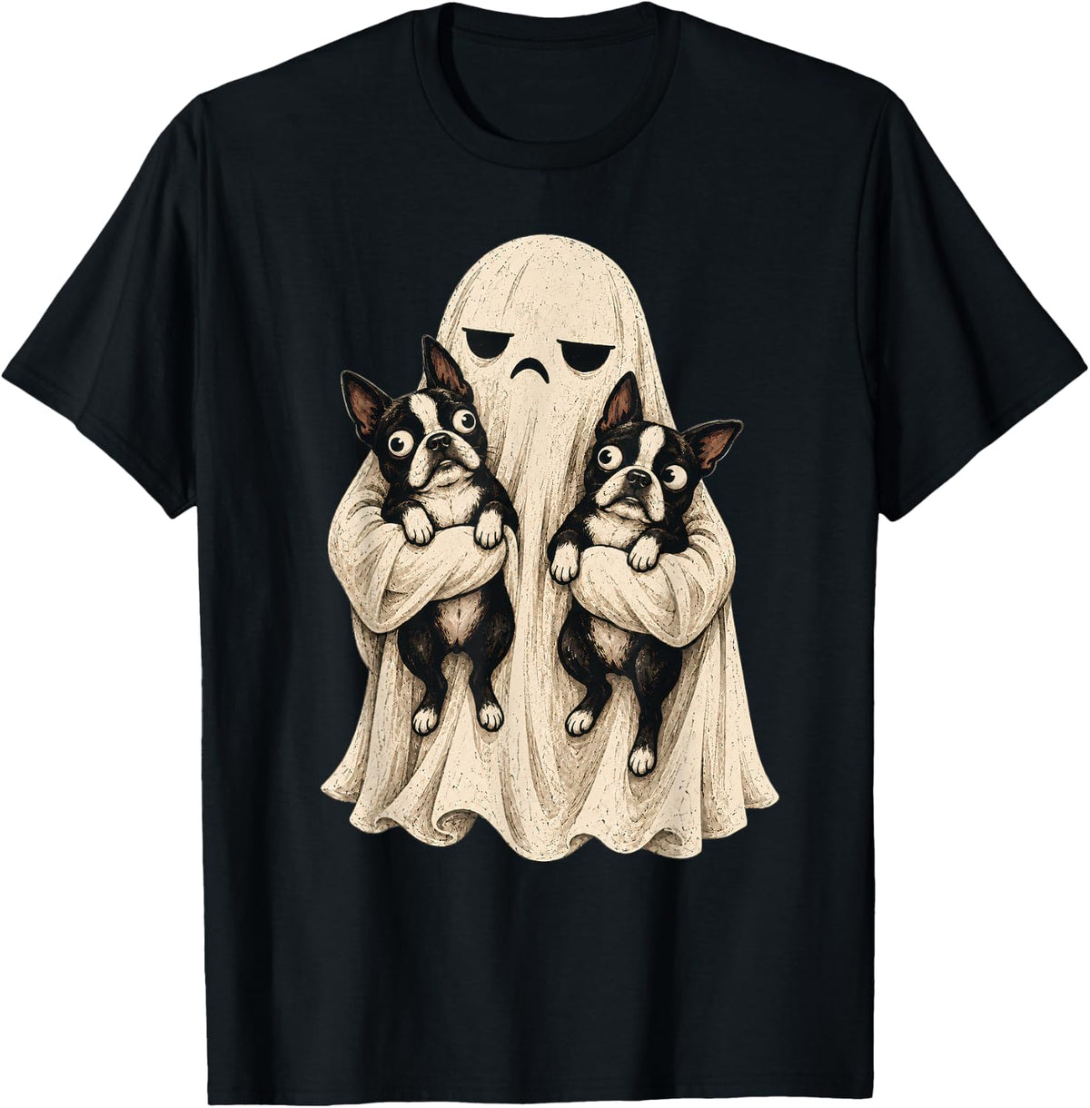 Grumpy Ghost Boston Terrier Twins Brother Spooky Halloween T-Shirt - Black