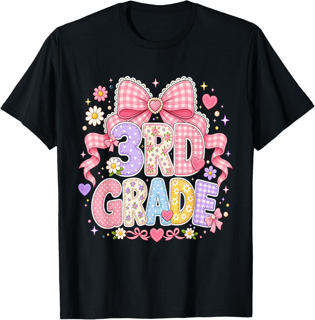 Preppy Third Grade Teacher 3rd Grade Floral Coquette Bow T-Shirt - Black