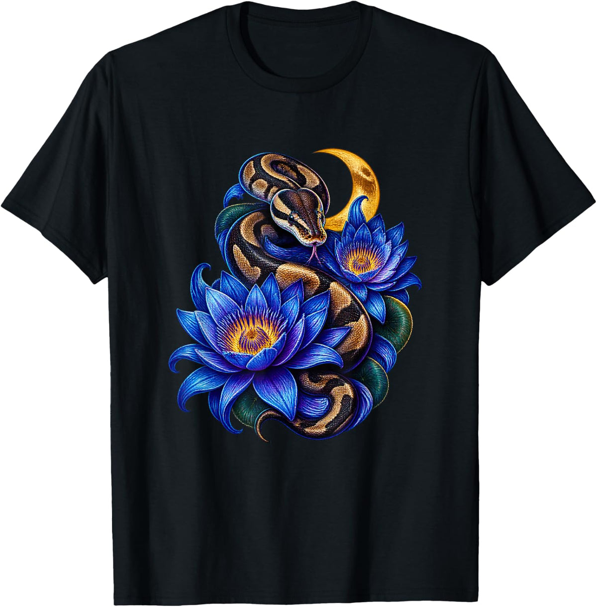 Ball Python with Blue Water Lily Flowers T-Shirt - Black
