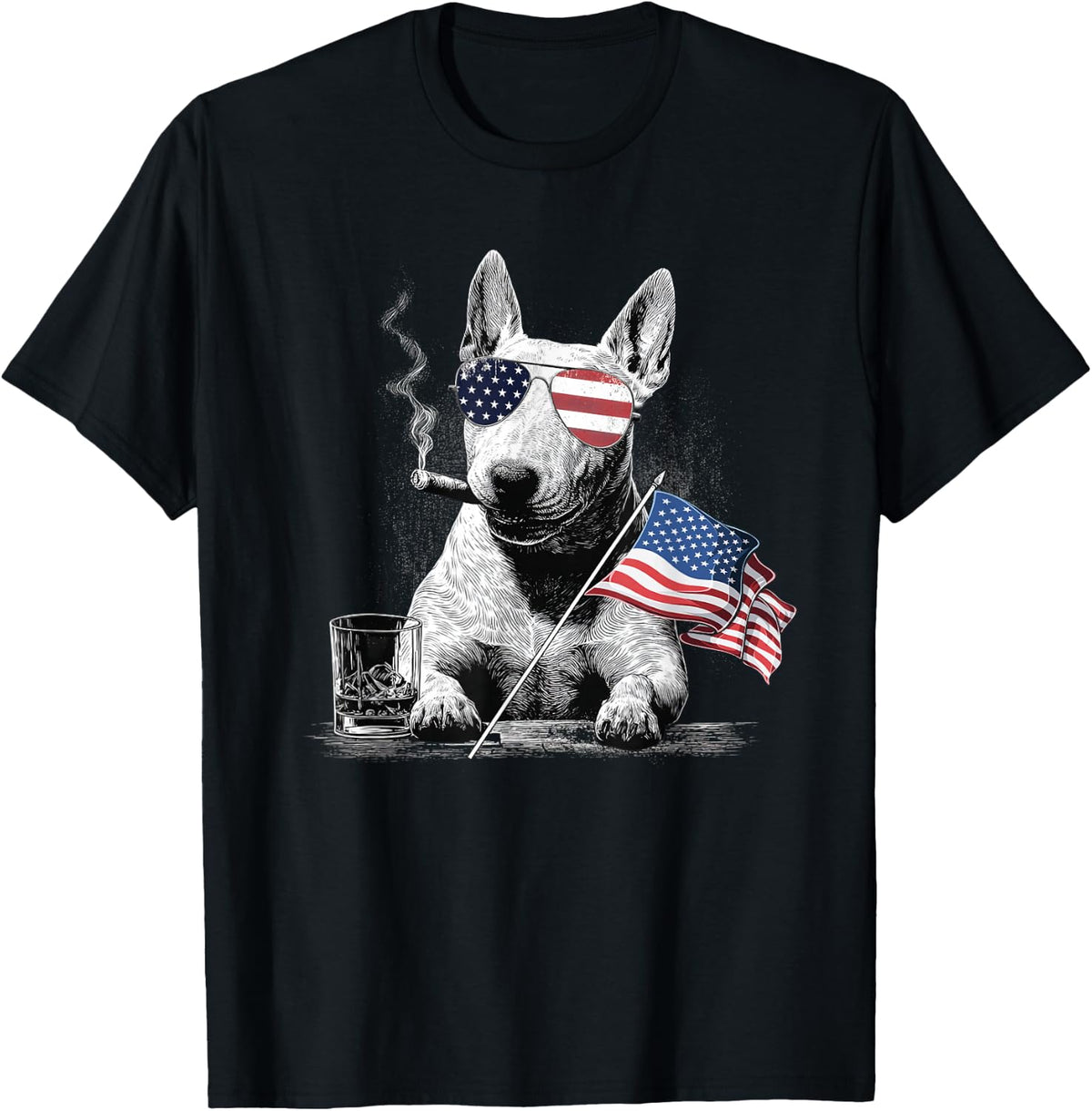 Bull Terrier Dog Dad Patriotic American Flag July Fourth T-Shirt - Black