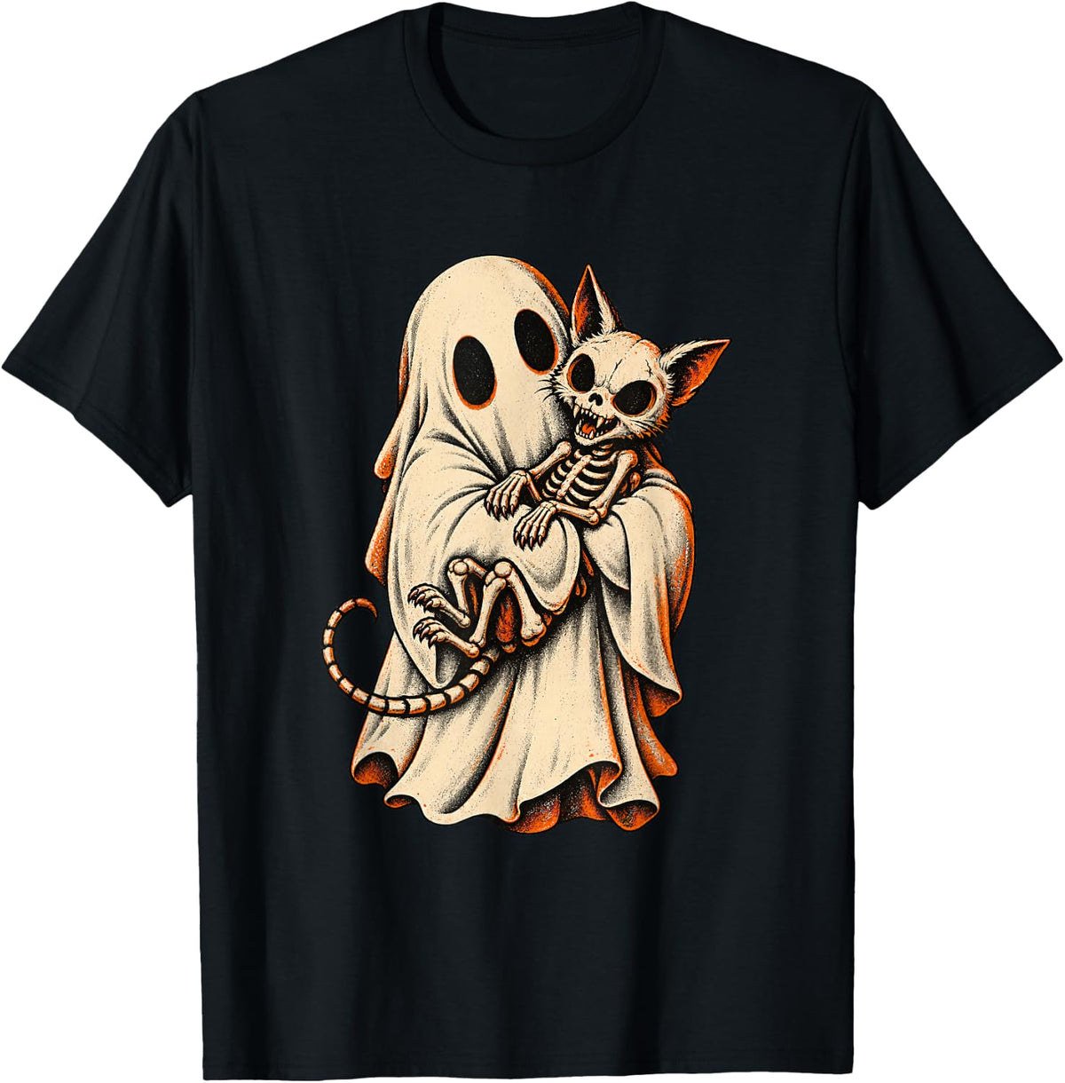 Ghost Holding Cat Skeleton Vintage Spooky Halloween T-Shirt - Black