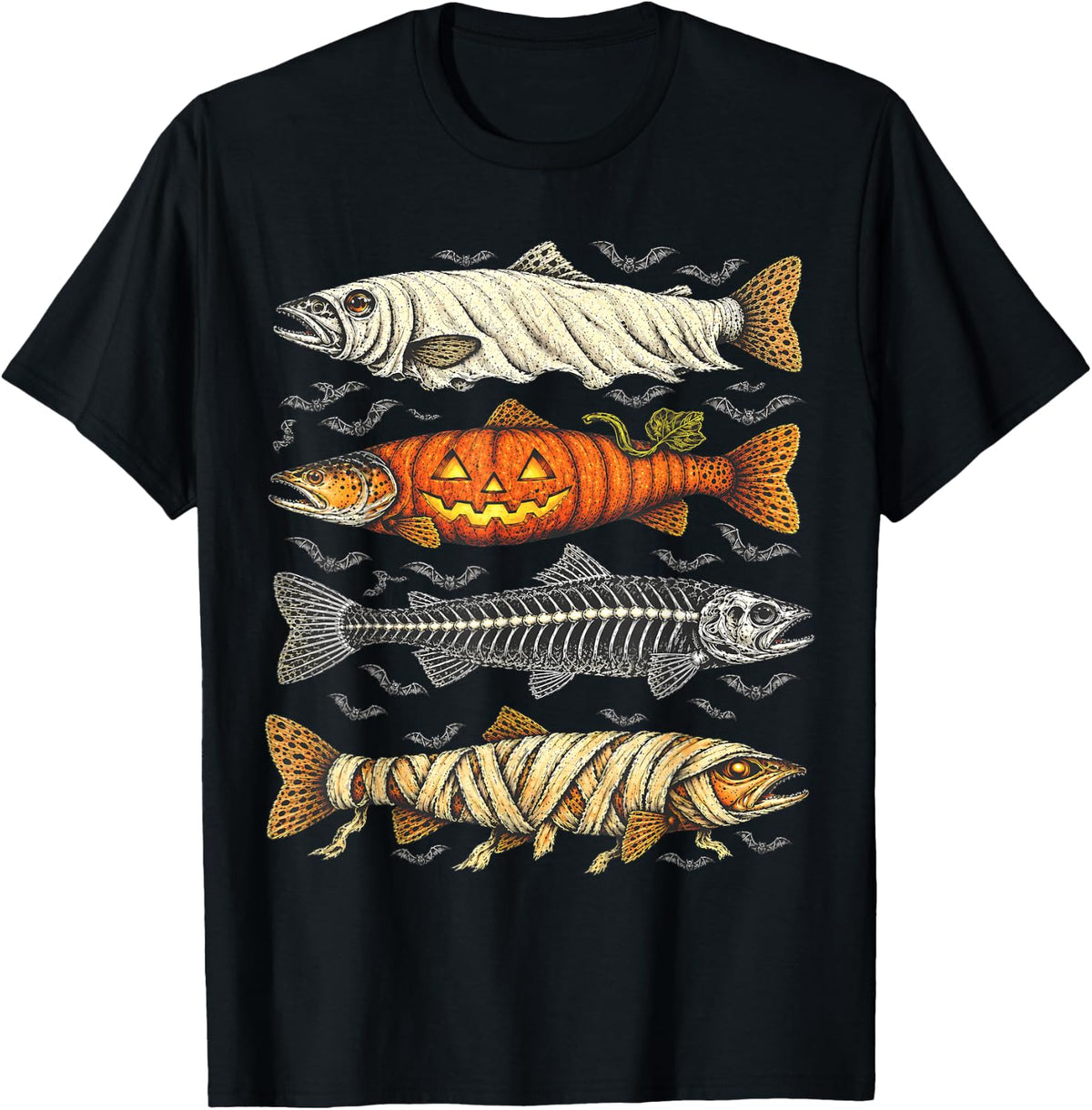Spooky Halloween Trout Fish Ghost Pumpkin Skeleton Mummy T-Shirt - Black