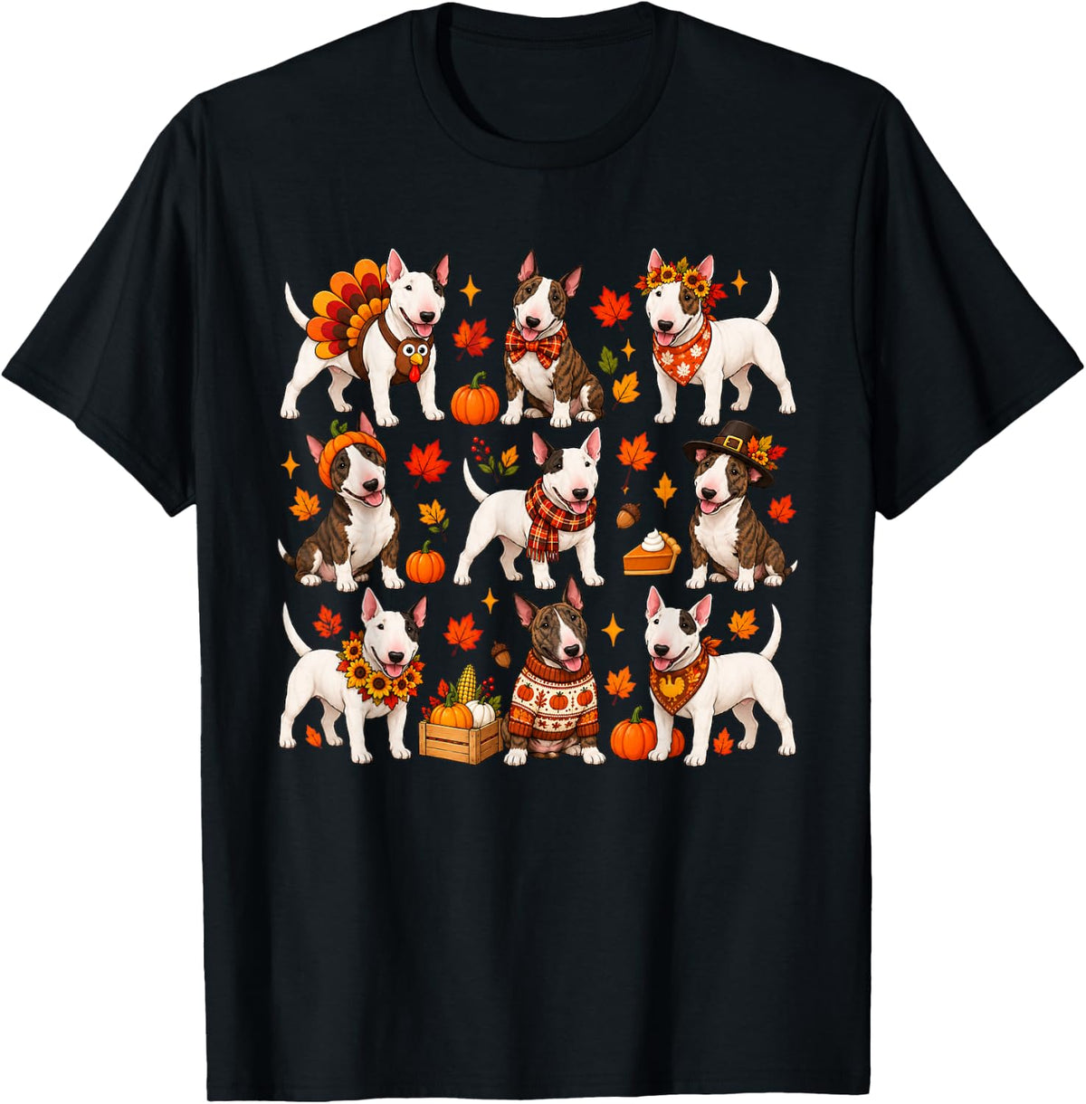 Cute Bull Terrier Dog Turkey Thanksgiving Fall Autumn T-Shirt - Black