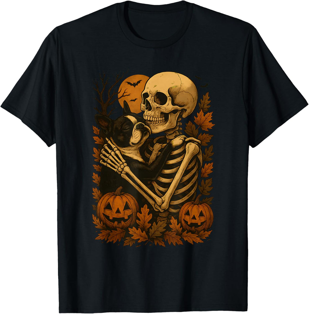 Skeleton Hugging Boston Terrier T-Shirt - Black