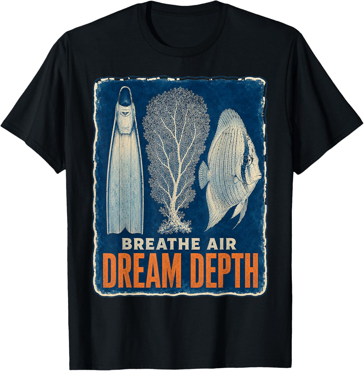 Breathe Air Dream Depth Spearfishing Cyanotype T-Shirt - Black