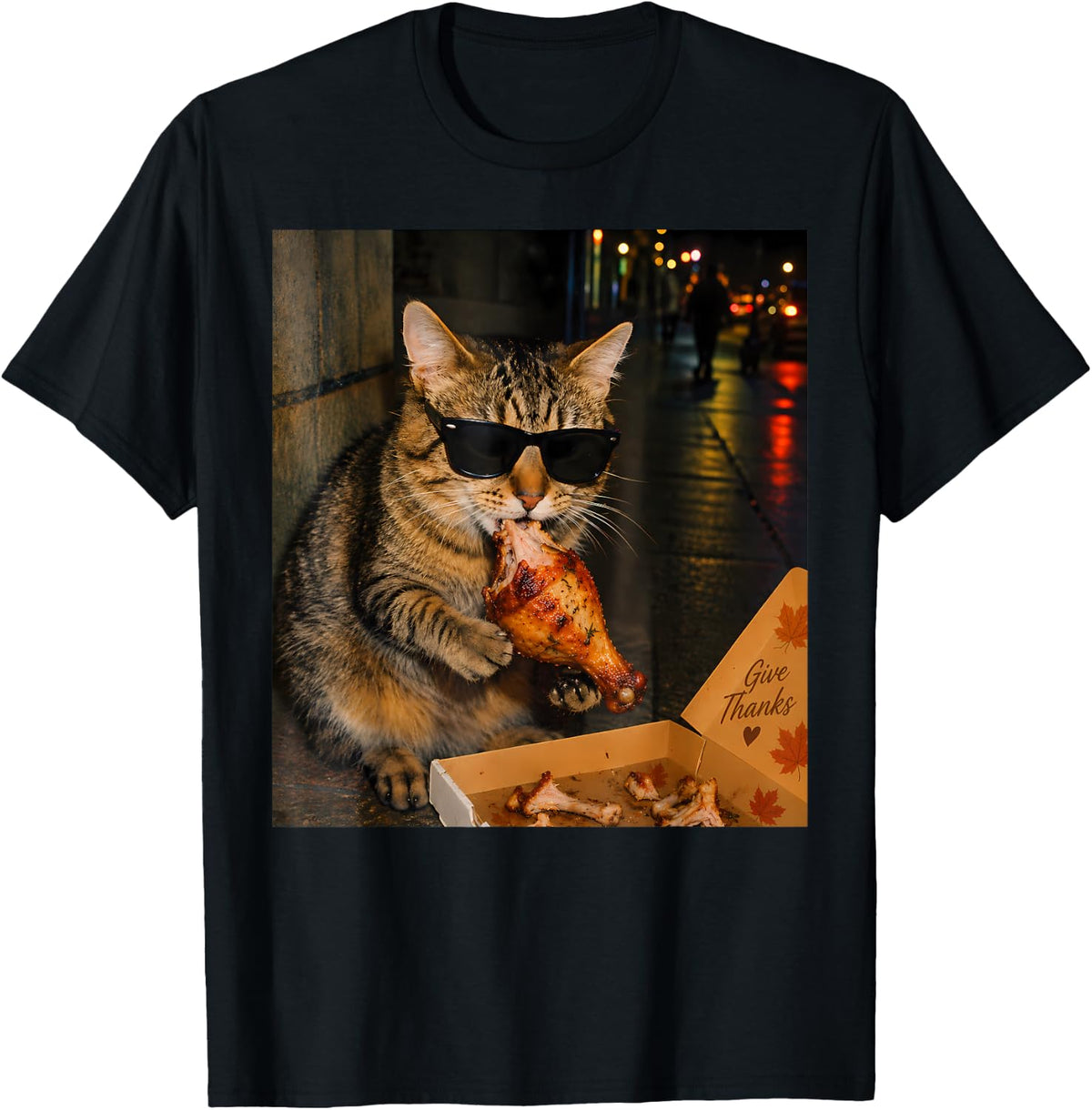 Give Thanksgiving Cool Cat Eating Turkey Leg Fall Funny T-Shirt - Black