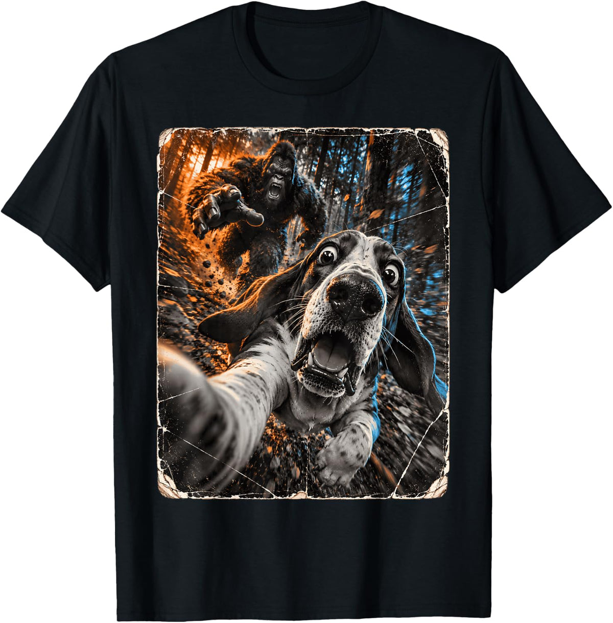 Basset Hound Selfie Running from Bigfoot Funny Forest T-Shirt - Black