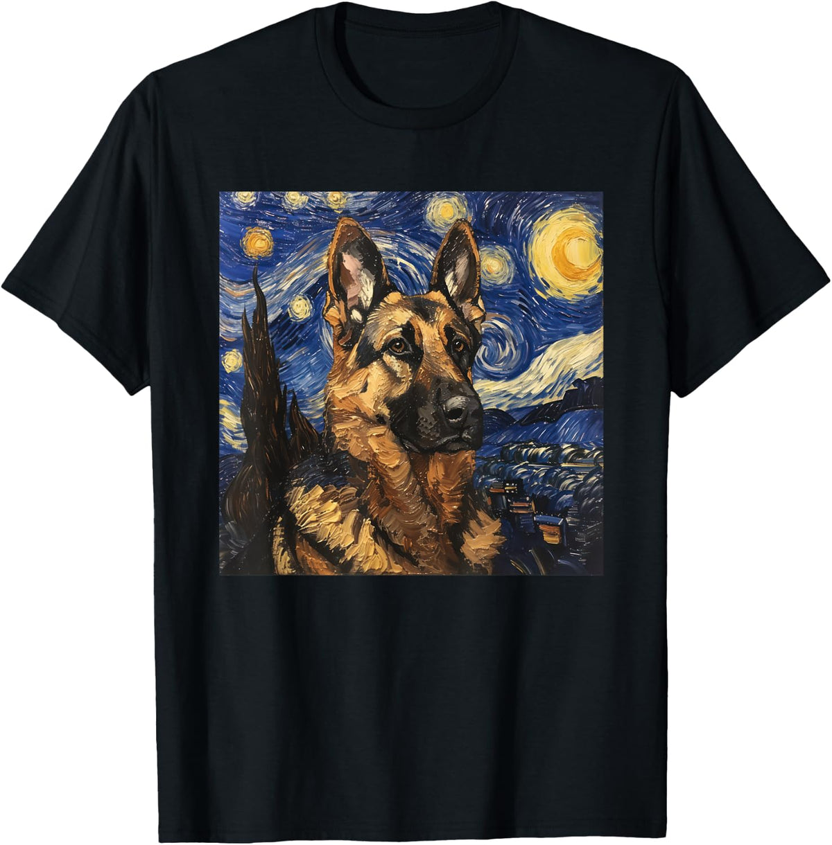 German Shepherd Dog Van Gogh Style Starry Night T-Shirt - Black