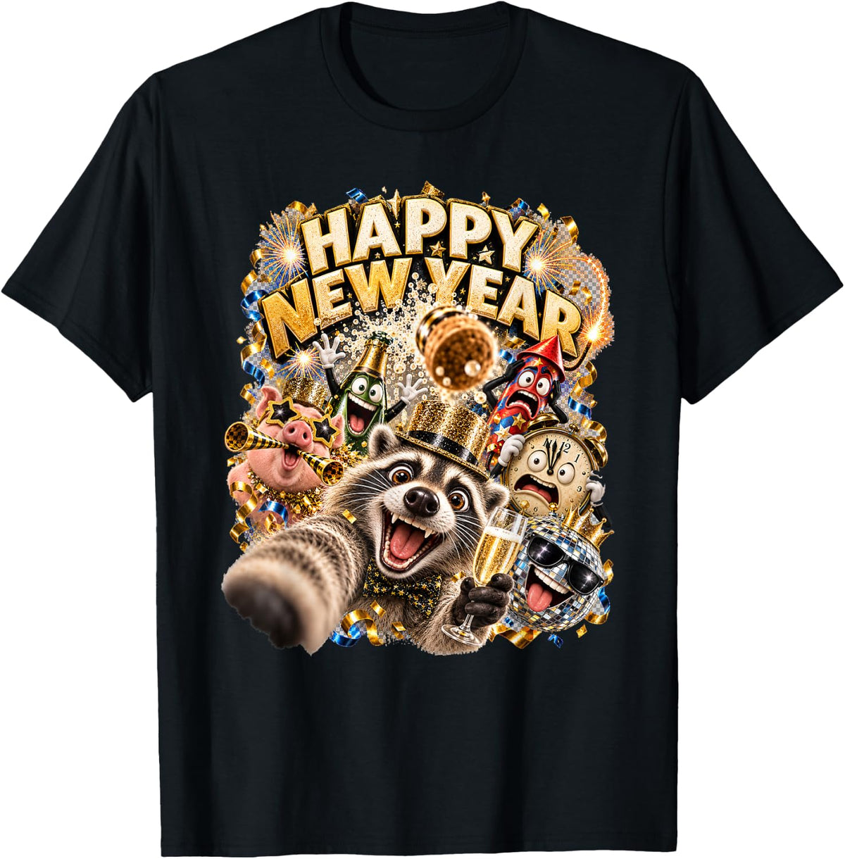 Happy New Year Raccoon Selfie Gold Hat Toast Party Art T-Shirt - Black
