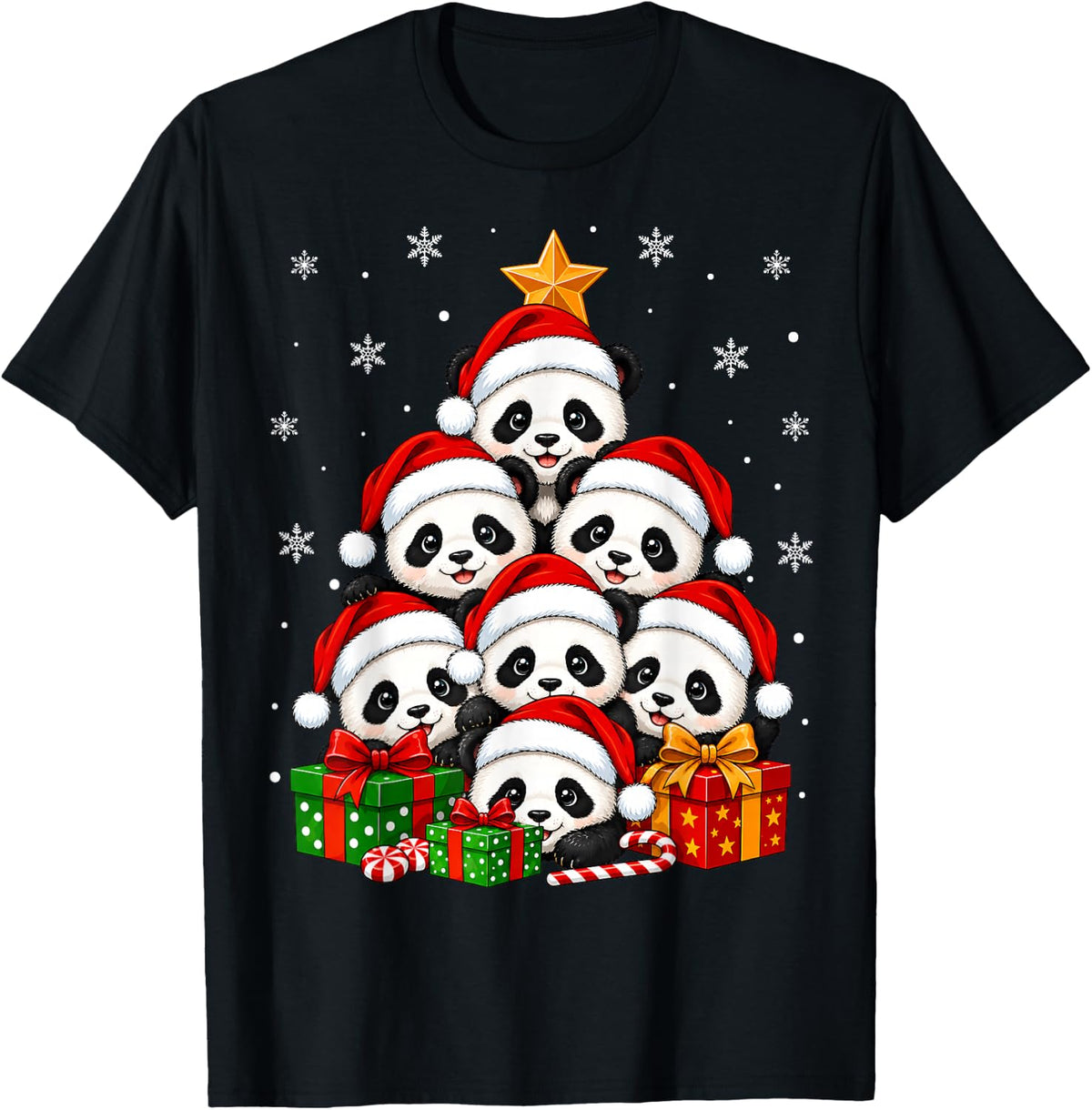 Panda Christmas Tree Cute Animal Festive Santa Panda Xmas T-Shirt - Black