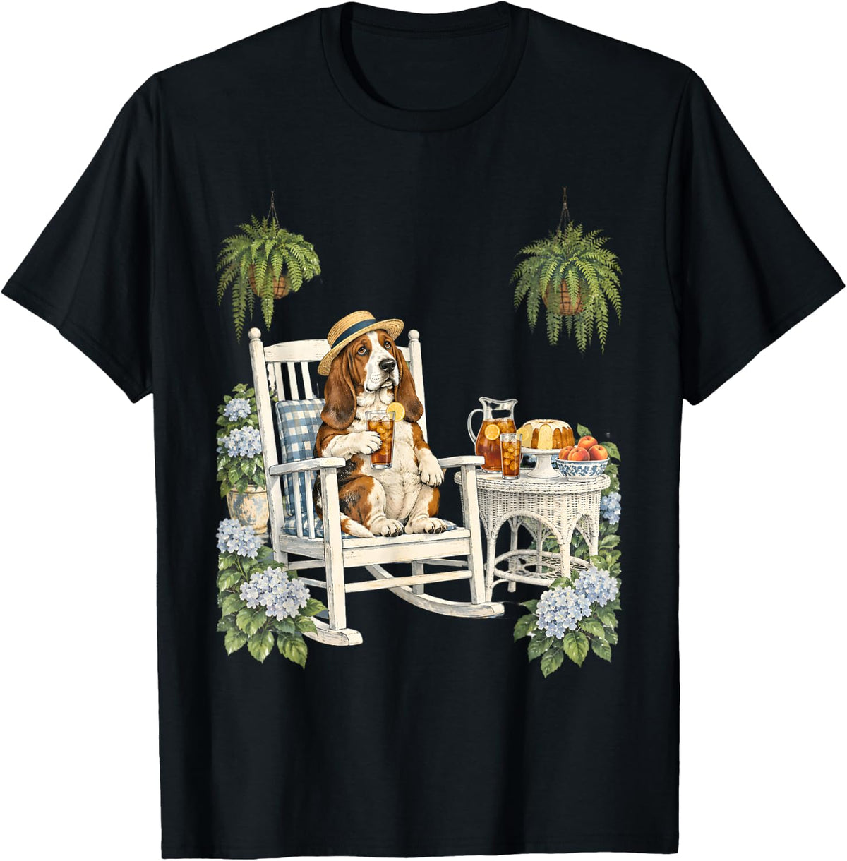 Basset Hound Relaxing with Iced Tea and Summer Treats T-Shirt - Black