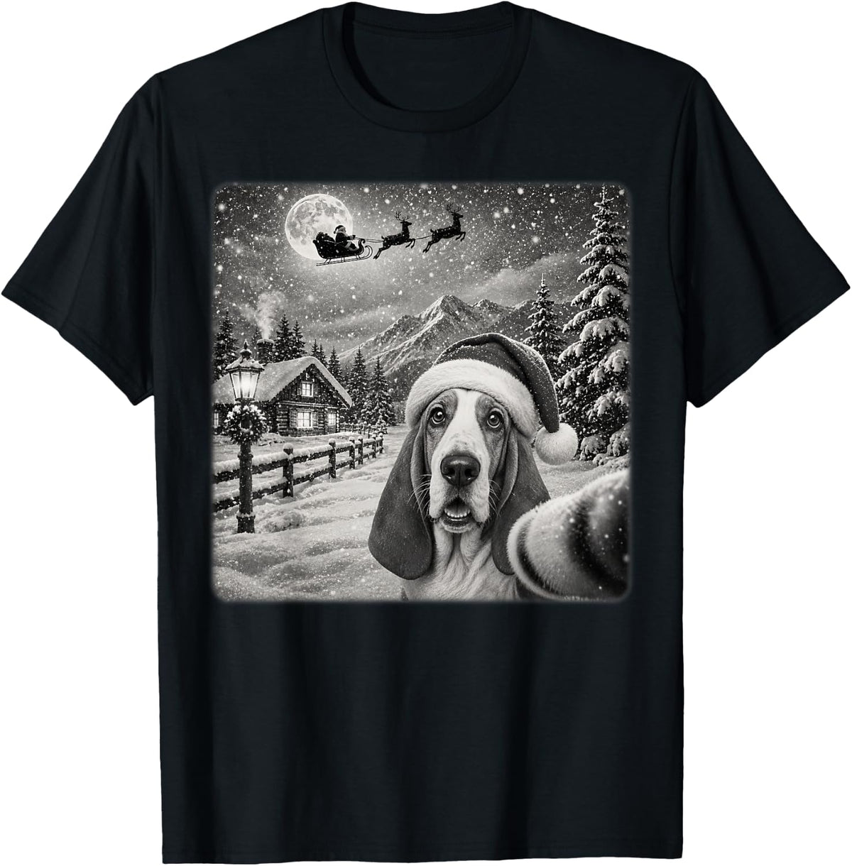 Xmas Moon Night Santa Sleigh Basset Hound Dog Christmas T-Shirt - Black