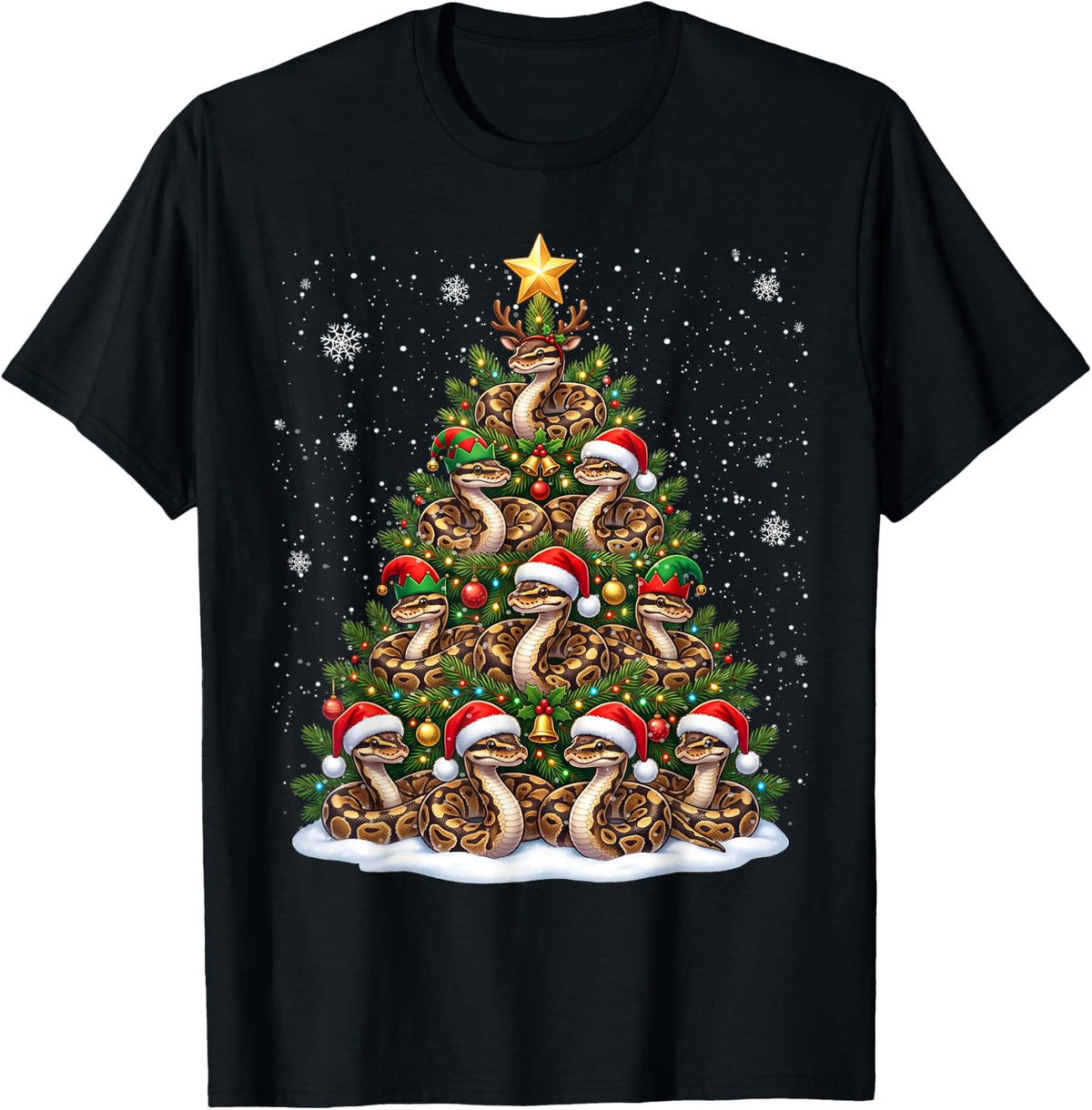 Funny Christmas Tree Ball Python Family Xmas Pajamas T-Shirt - Black