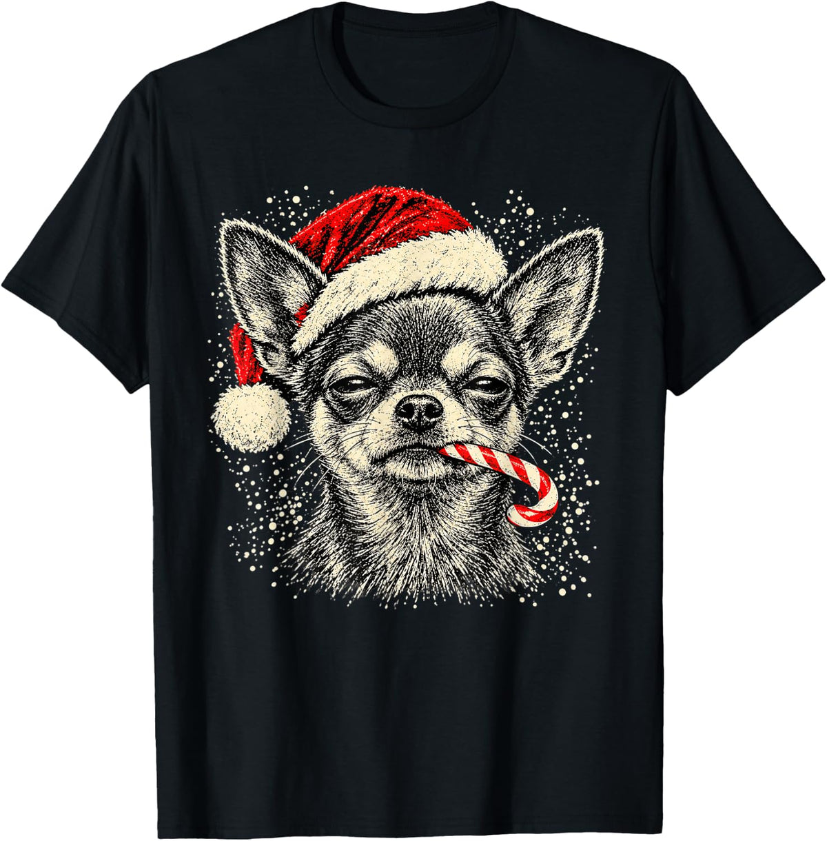Chihuahua Dog Christmas Santa Hat Candy Cane Funny T-Shirt - Black