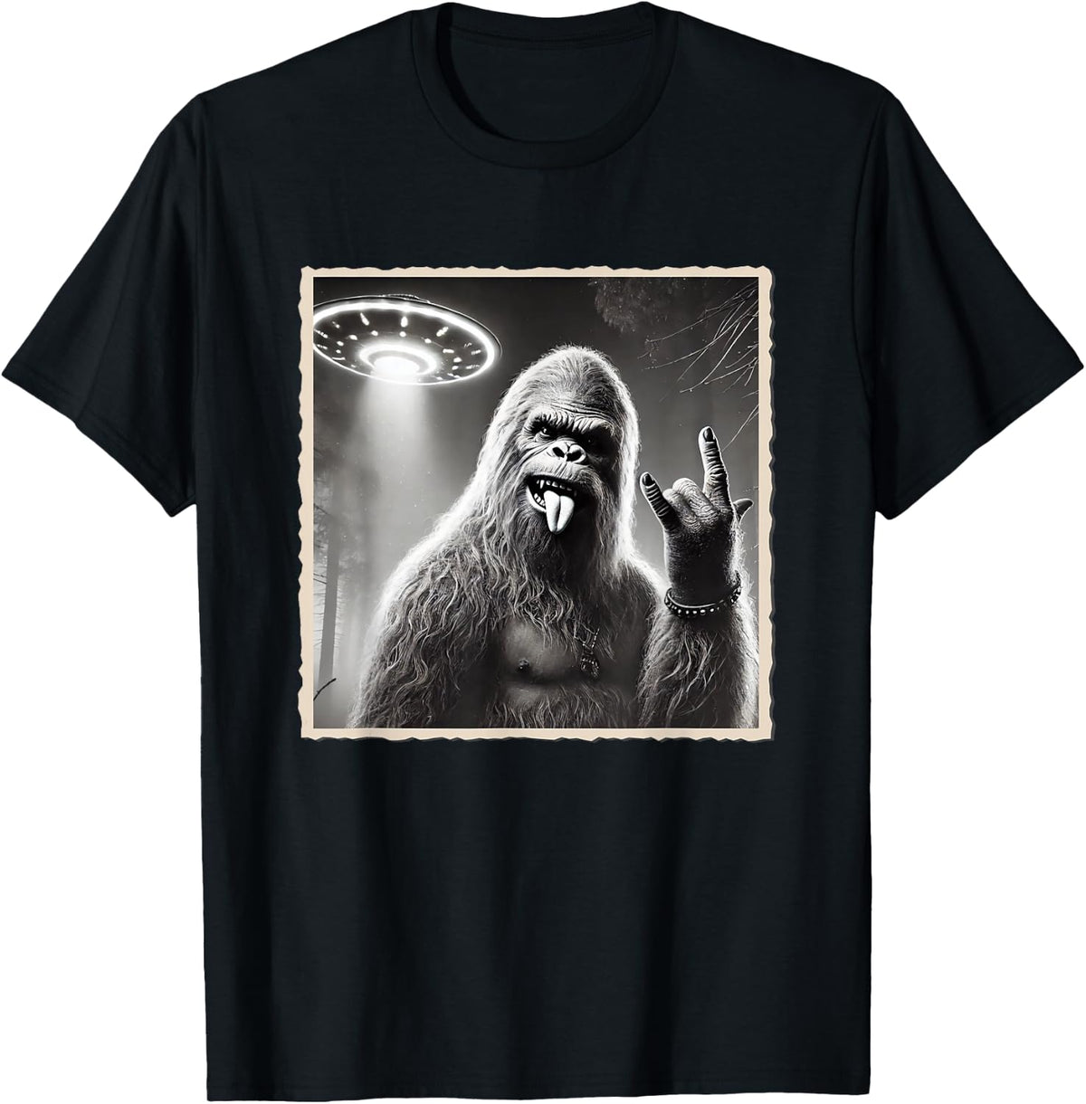 Sasquatch Selfie, Bigfoot & UFO, Rock On, Rocker, Rock Hand T-Shirt - Black