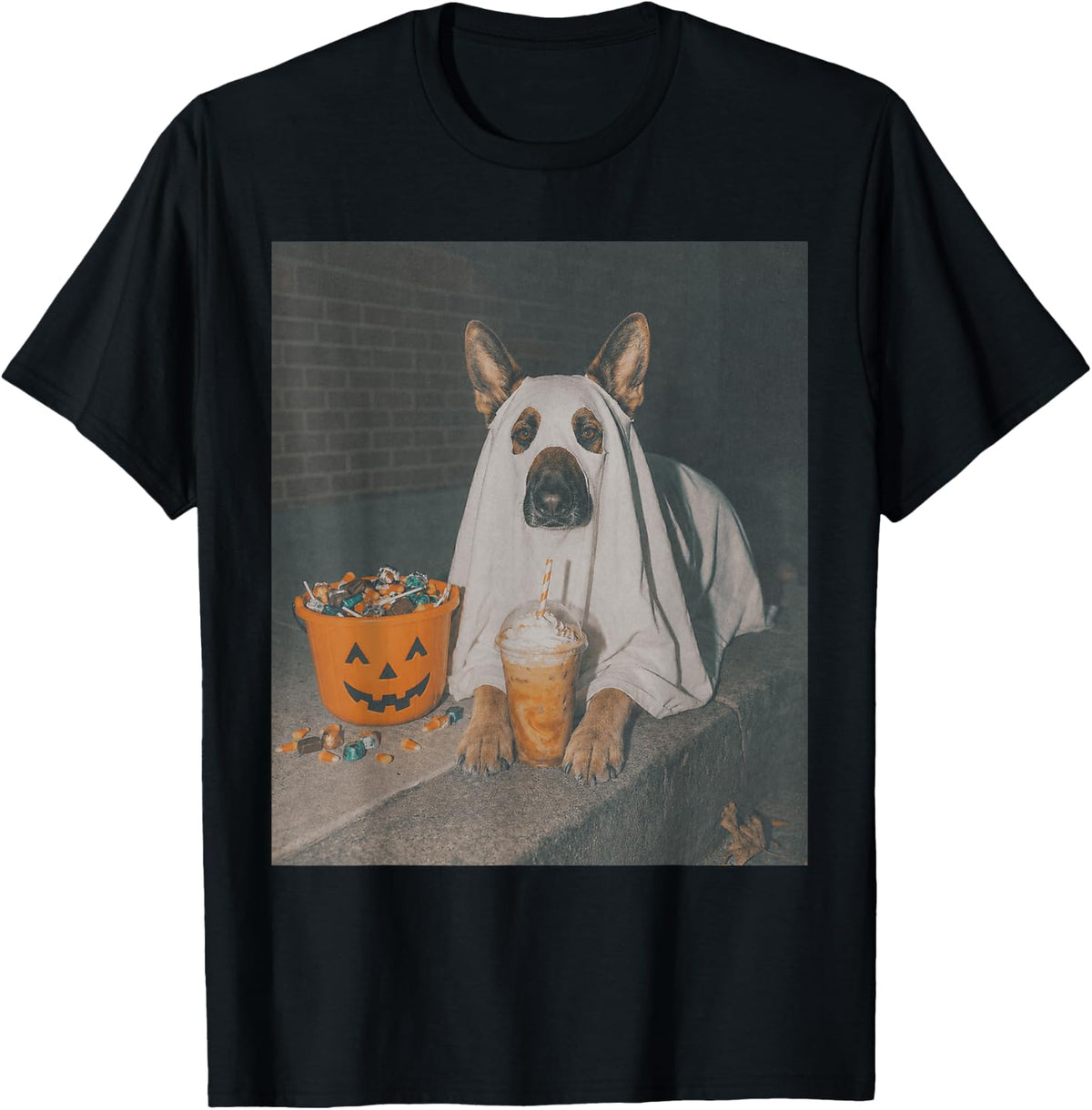 German Shepherd Dog Drinking Iced Coffee Funny Halloween Dog T-Shirt - Black