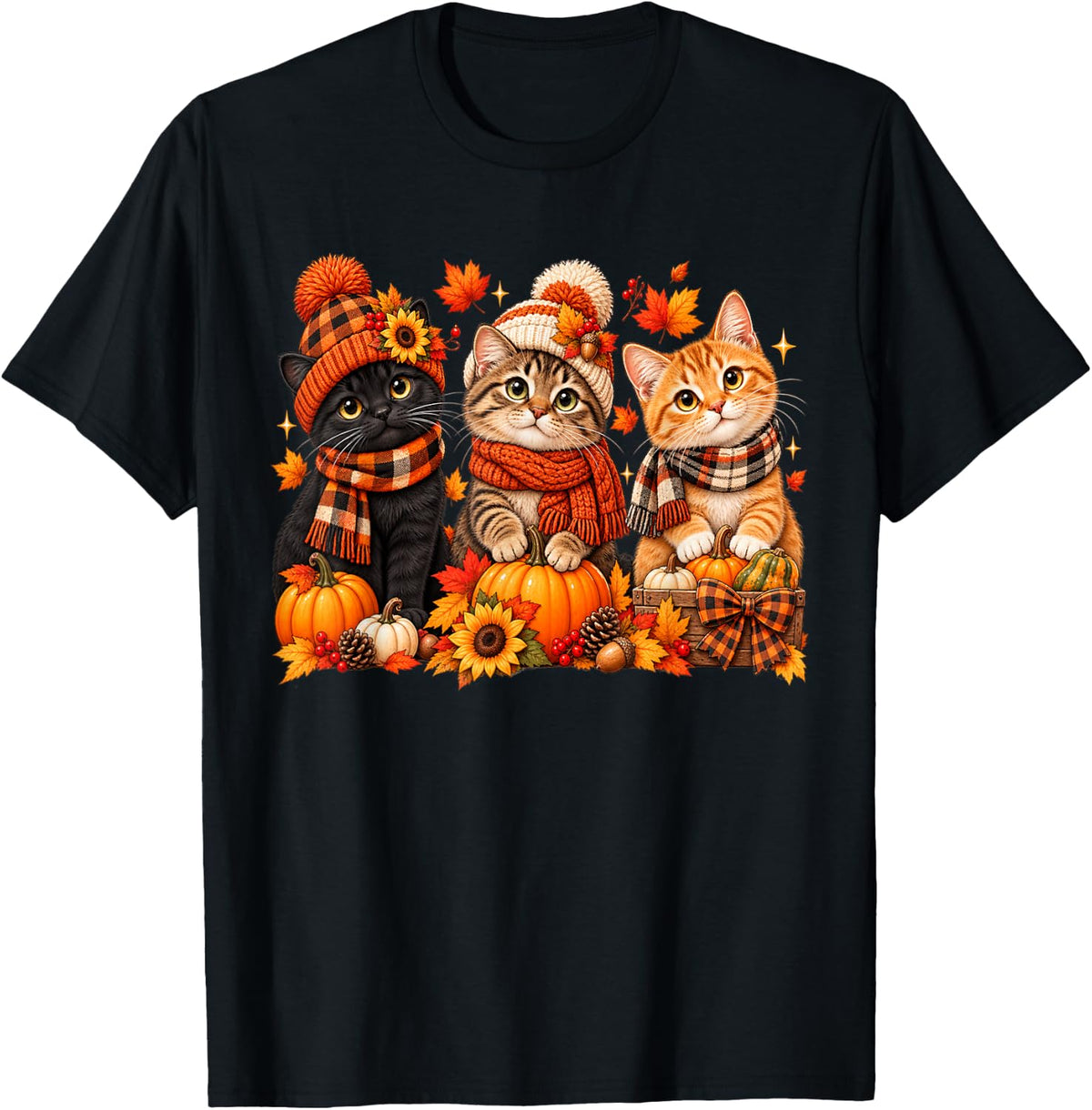 It's Fall Y'all Cute Cats Thanksgiving Autumn Pumpkin T-Shirt - Black