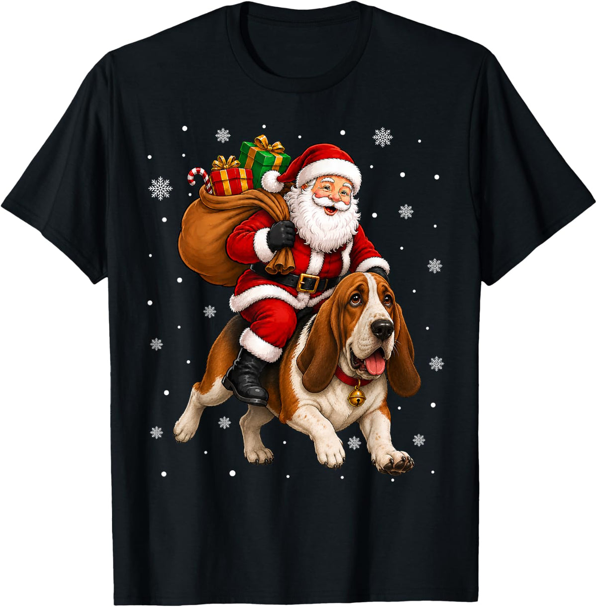 Festive Holiday Fun Santa Riding Basset Hound Dog Christmas T-Shirt - Black
