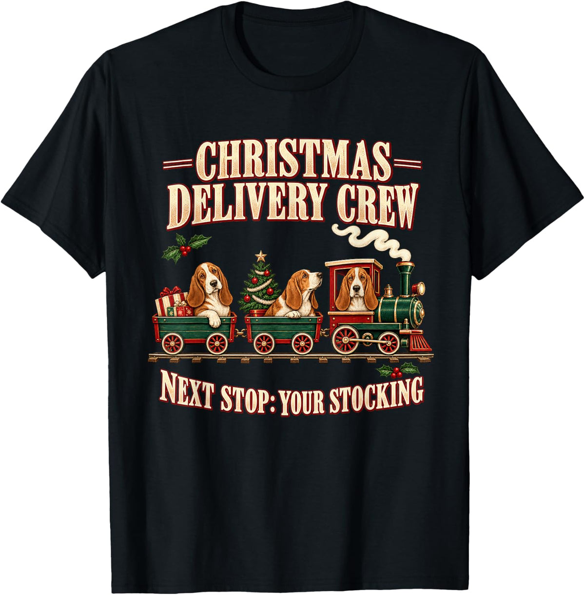 Basset Hound Dog Christmas Train T-Shirt - Black