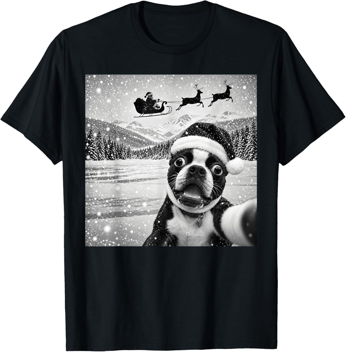 Boston Terrier Selfie Xmas Santa Funny Christmas Dog Lover T-Shirt - Black