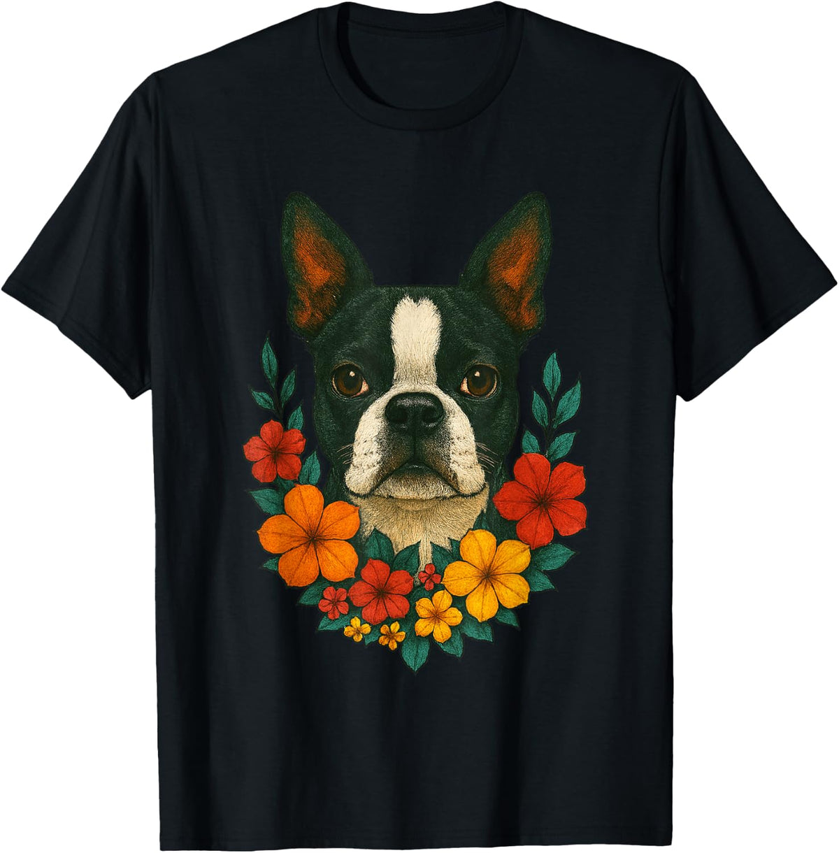 Cute Dog Boston Terrier Floral Pet Spring Flowers Summer T-Shirt - Black